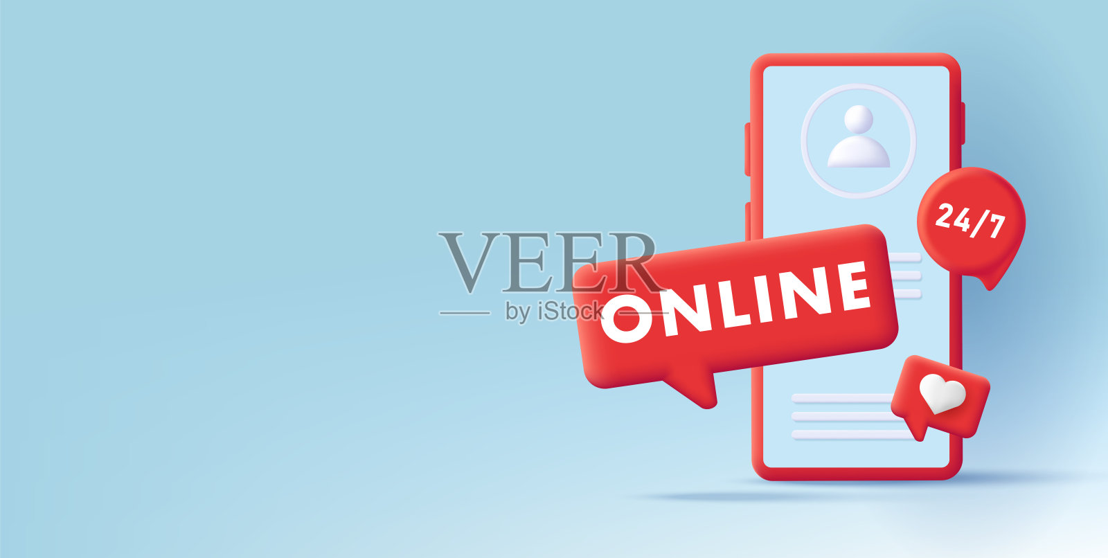 矢量3d插图的智能手机与文本和喜欢的弹出通知,和用户资料应用程序或网页的蓝色背景插画图片素材