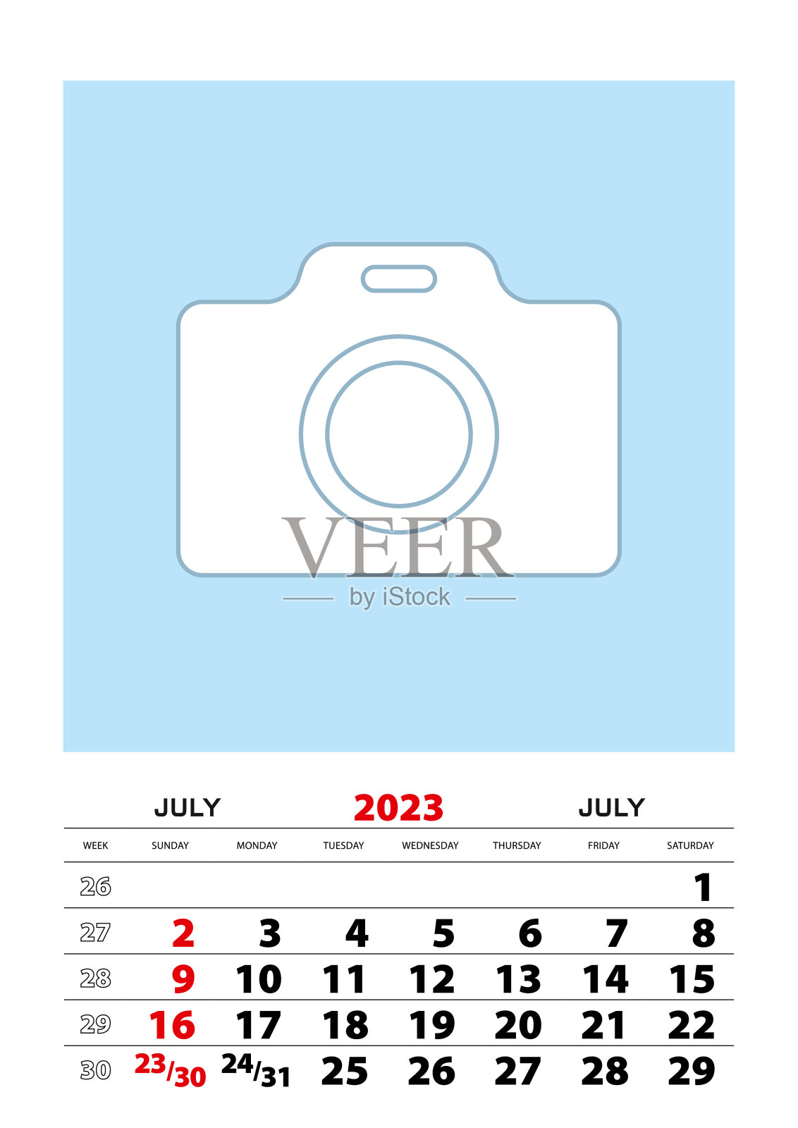 2023年7月A3大小的日历计划器,可以放你的照片。设计模板素材