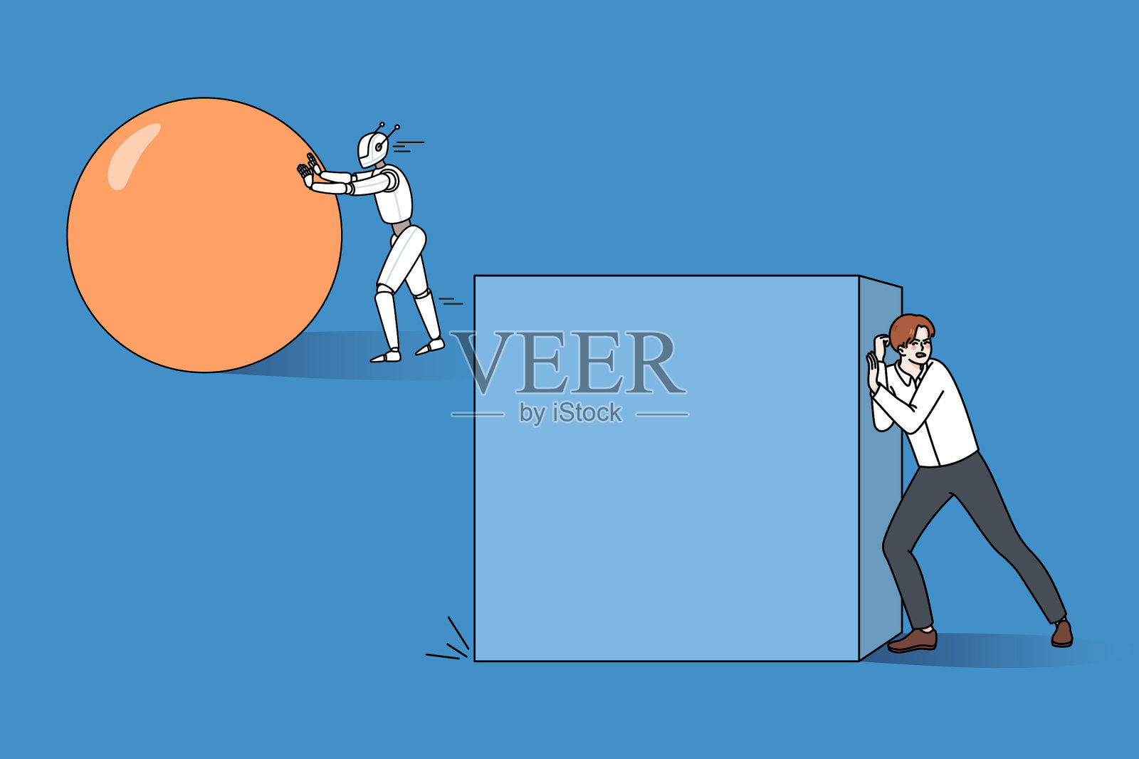 机器人用箱子推球引导商人插画图片素材