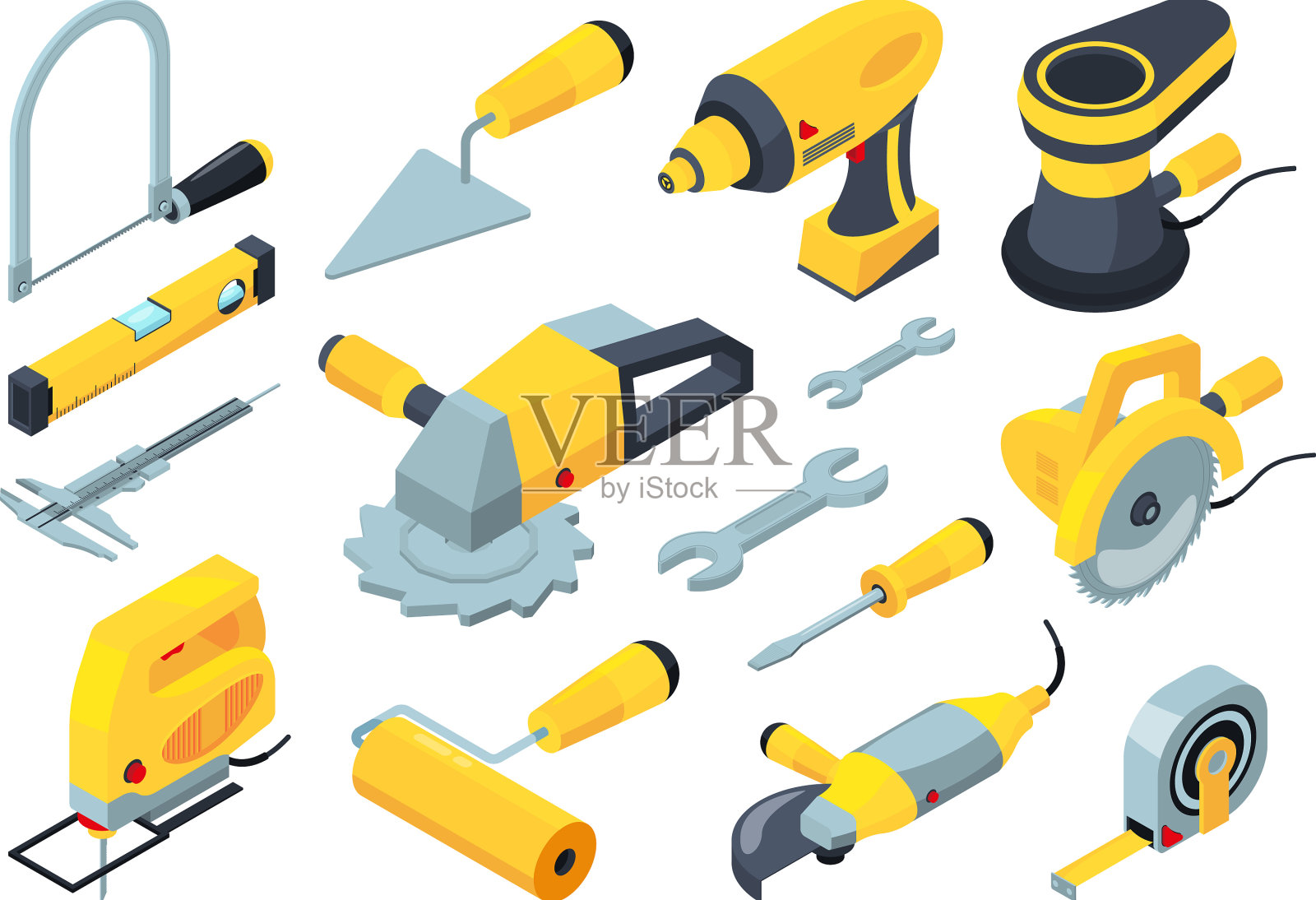 施工工具钻头、锤子、油漆刷插画图片素材