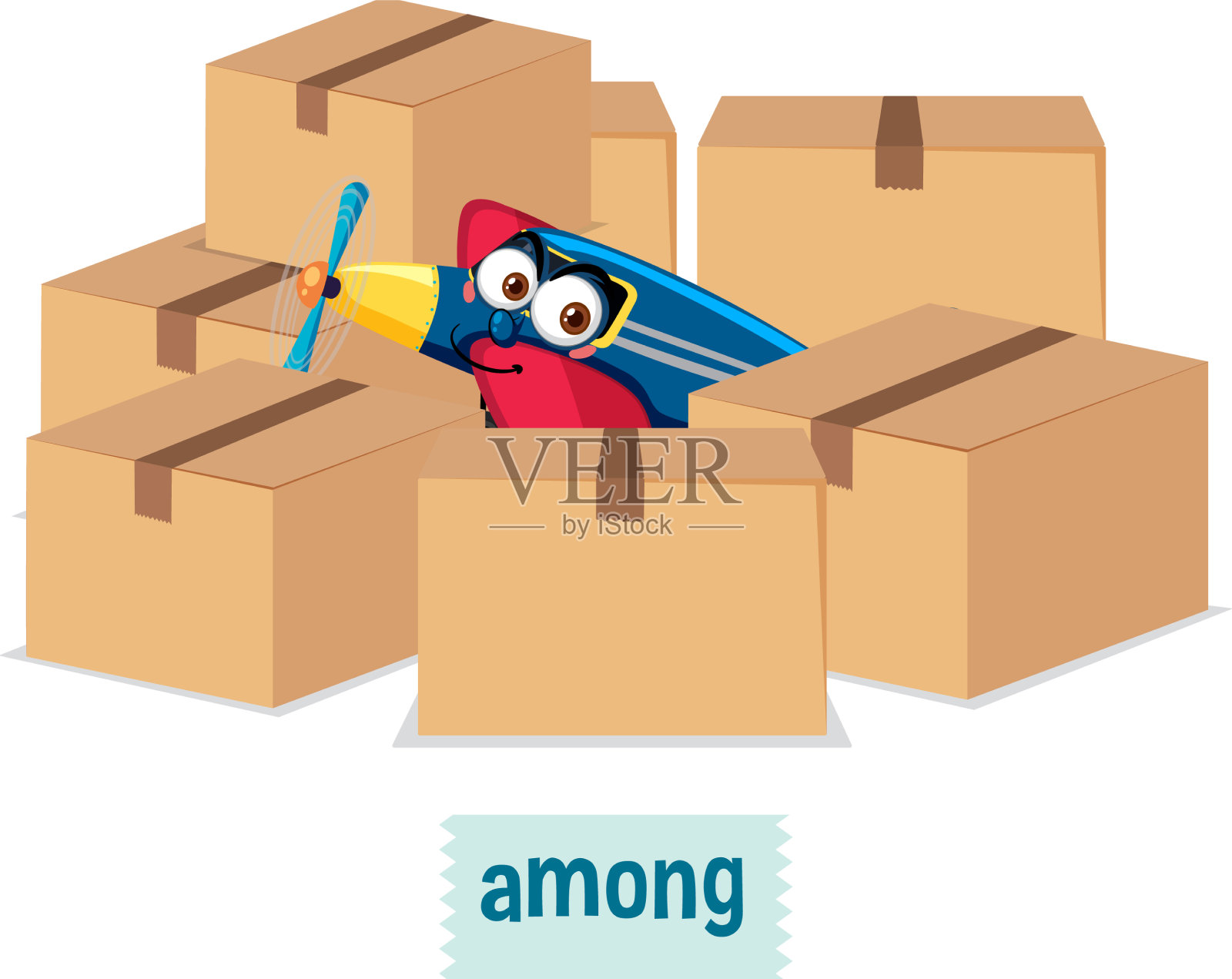 盒子之间有平面的介词卡片设计插画图片素材