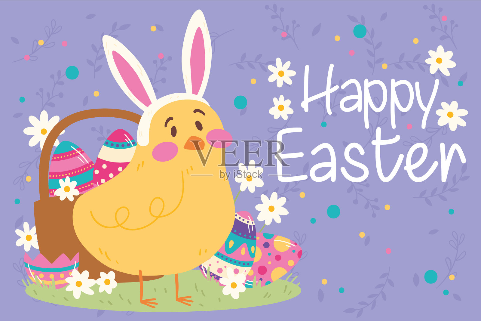 可爱的小鸡和一个彩绘鸡蛋的篮子插画图片素材