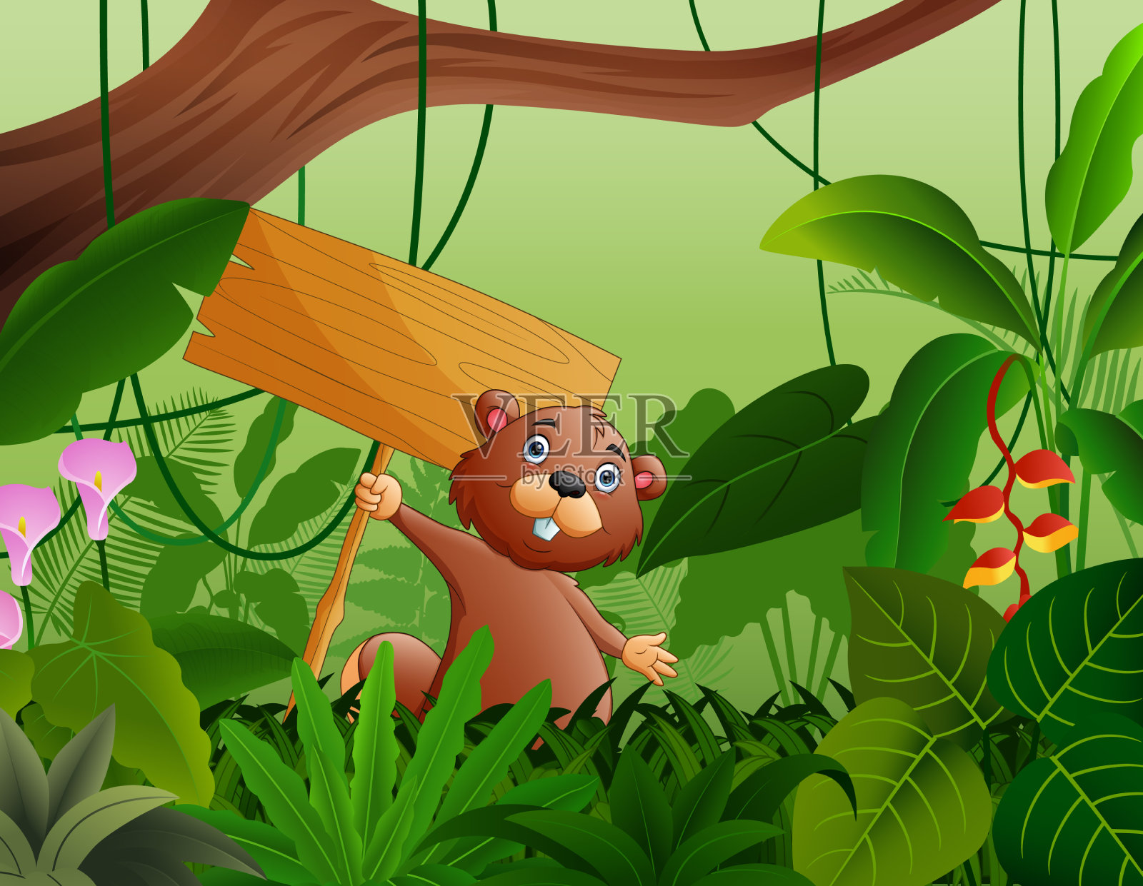 可爱的海狸在灌木丛中举着木头牌子插画图片素材