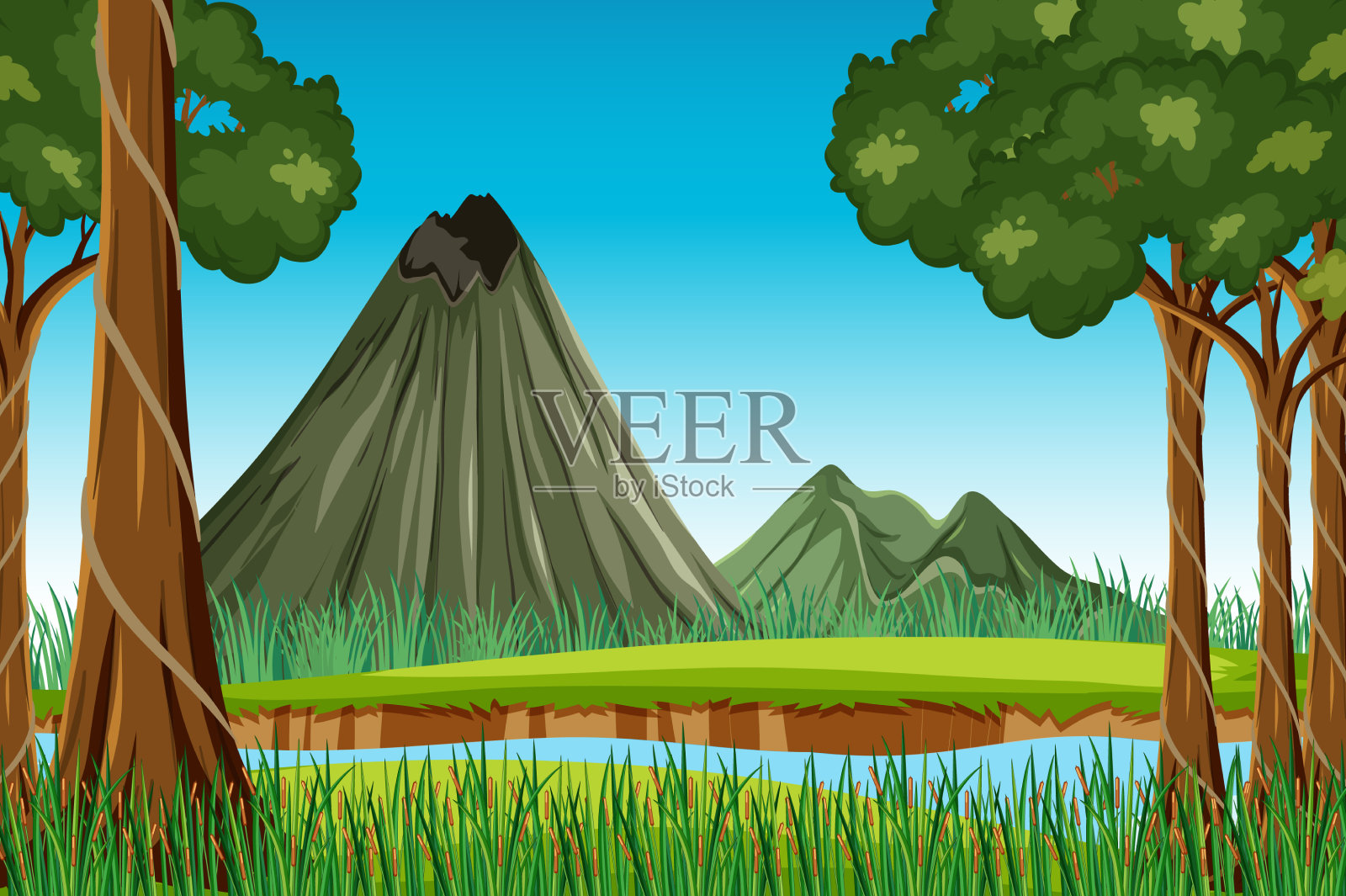 有树木和田野的自然景观插画图片素材