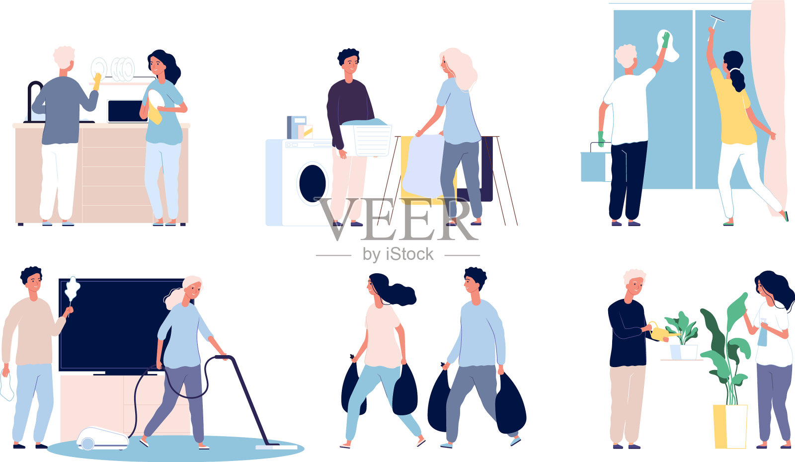 人们在家打扫卫生,每天做家庭作业插画图片素材