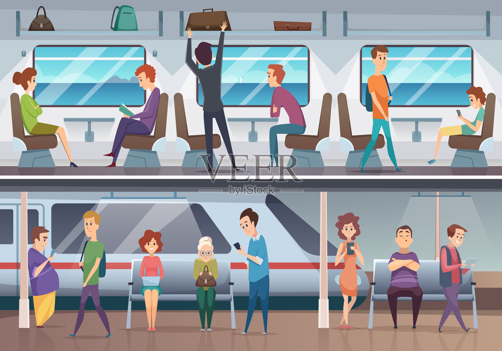 在城市地铁候车的地铁人插画图片素材