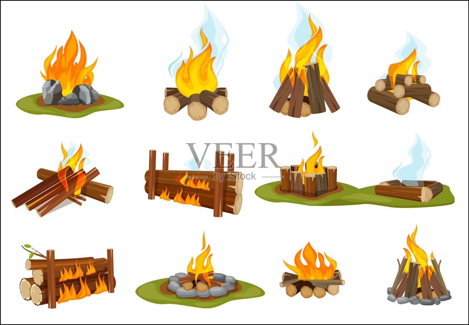 壁炉里的木头轻燃着篝火插画图片素材