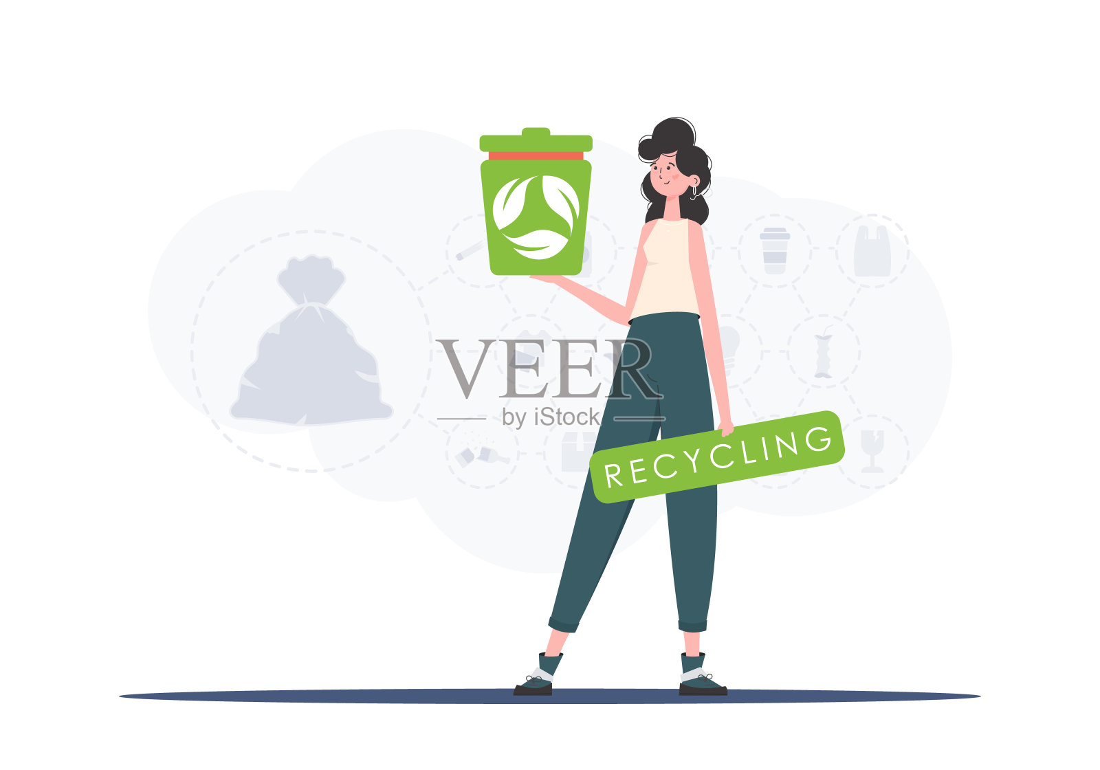 生态和循环的概念。这个女孩手里拿着一个垃圾桶。时尚个性的风格。Vetcor。插画图片素材