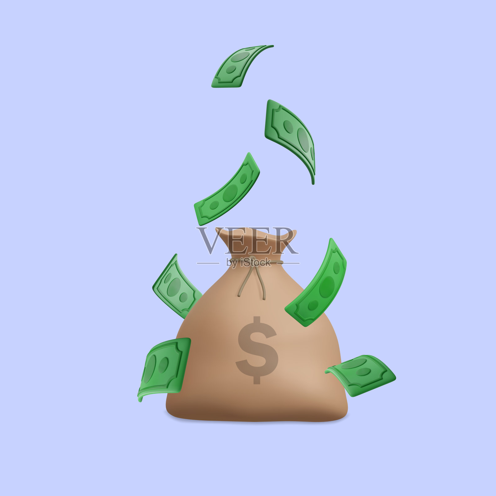 3d现实钱袋与绿色美元纸币货币。矢量图插画图片素材