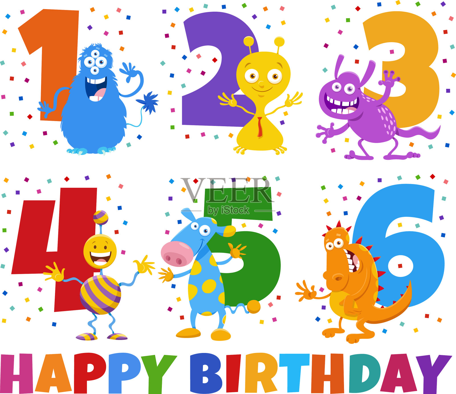 卡通怪兽生日贺卡套装插画图片素材