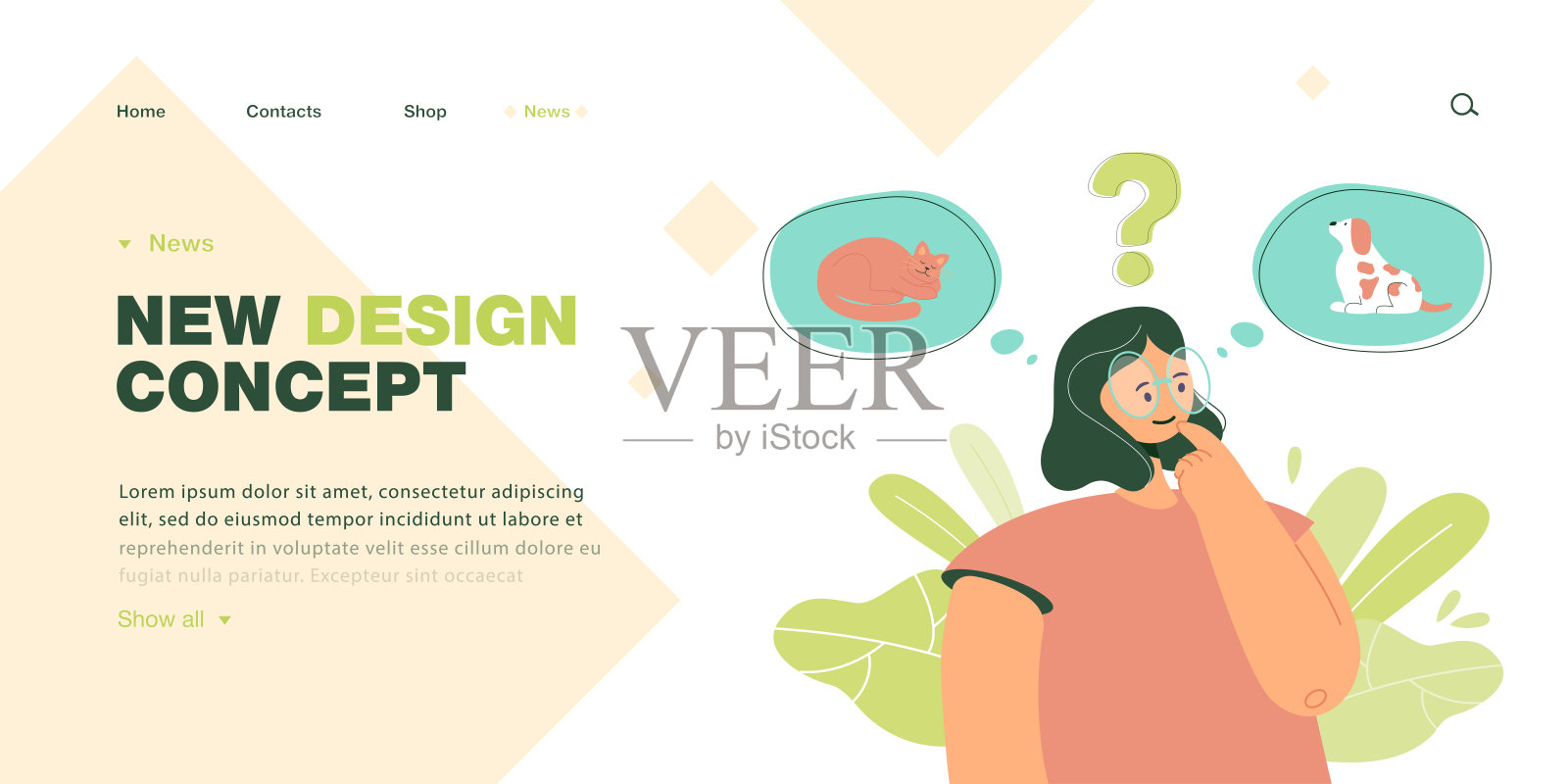 女孩选择购买猫或狗平面矢量插图插画图片素材