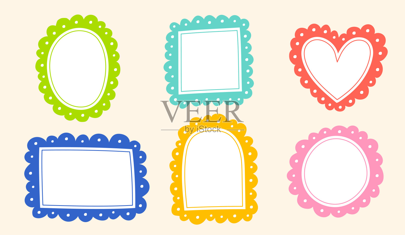 可爱的波浪点线涂鸦云圆心方形矩形拱椭圆形绿色蓝色红色粉红色橙色黄色便签贴它的边界框架背景集集合束向量插图插画图片素材