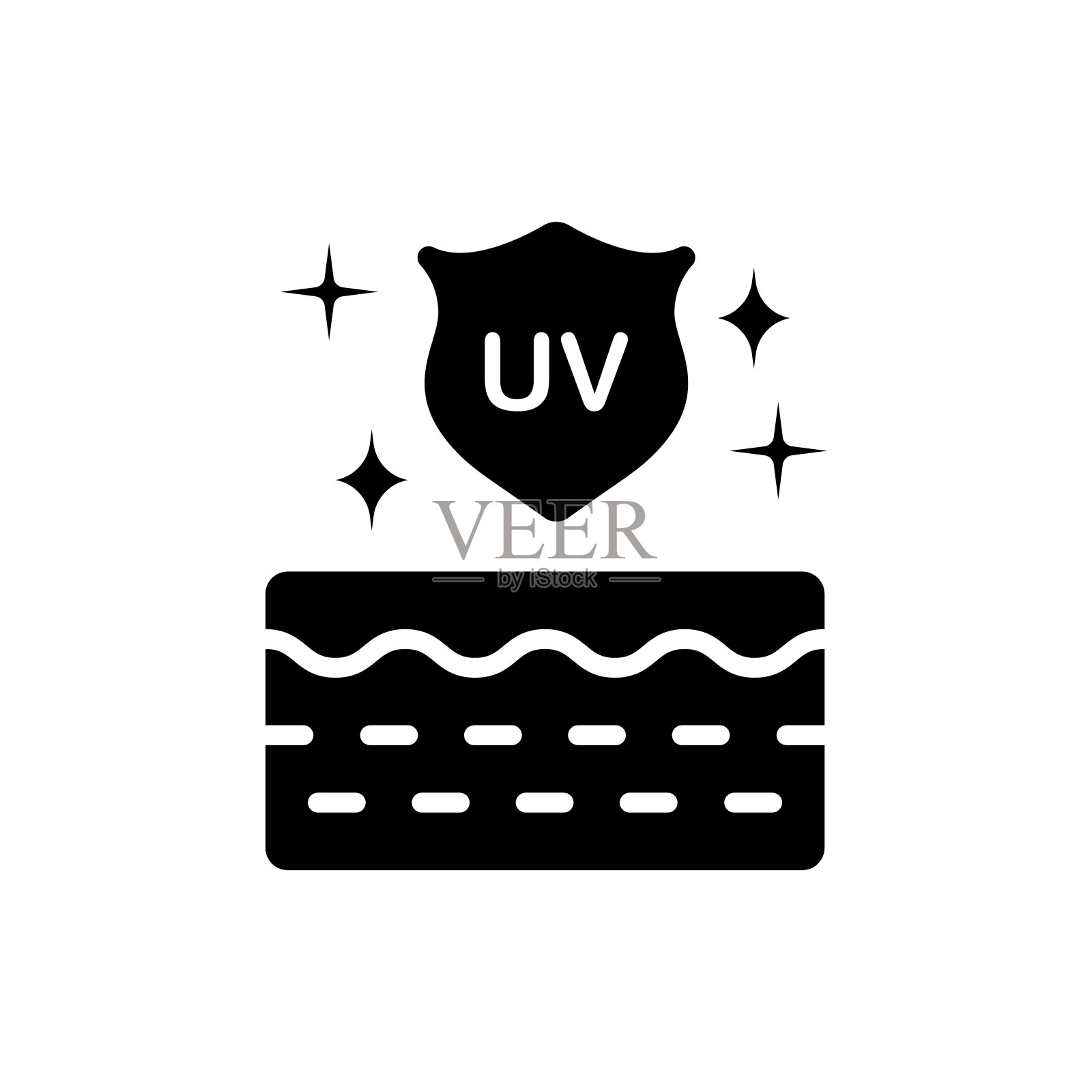 太阳盾和紫外线保护皮肤剪影图标。皮肤护理和防晒霜的皮肤从紫外线辐射。阻挡太阳能光黑色图标。矢量图插画图片素材