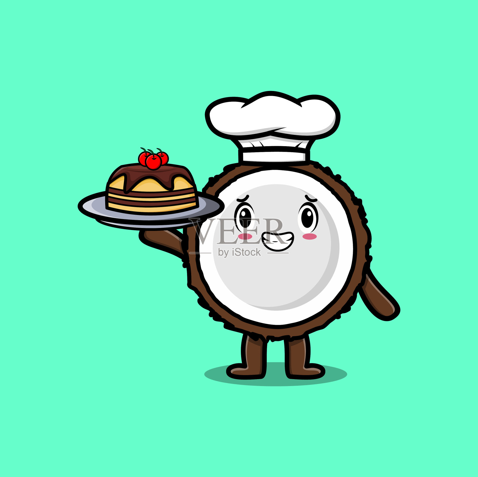 可爱的卡通厨师椰子托盘上的蛋糕插画图片素材