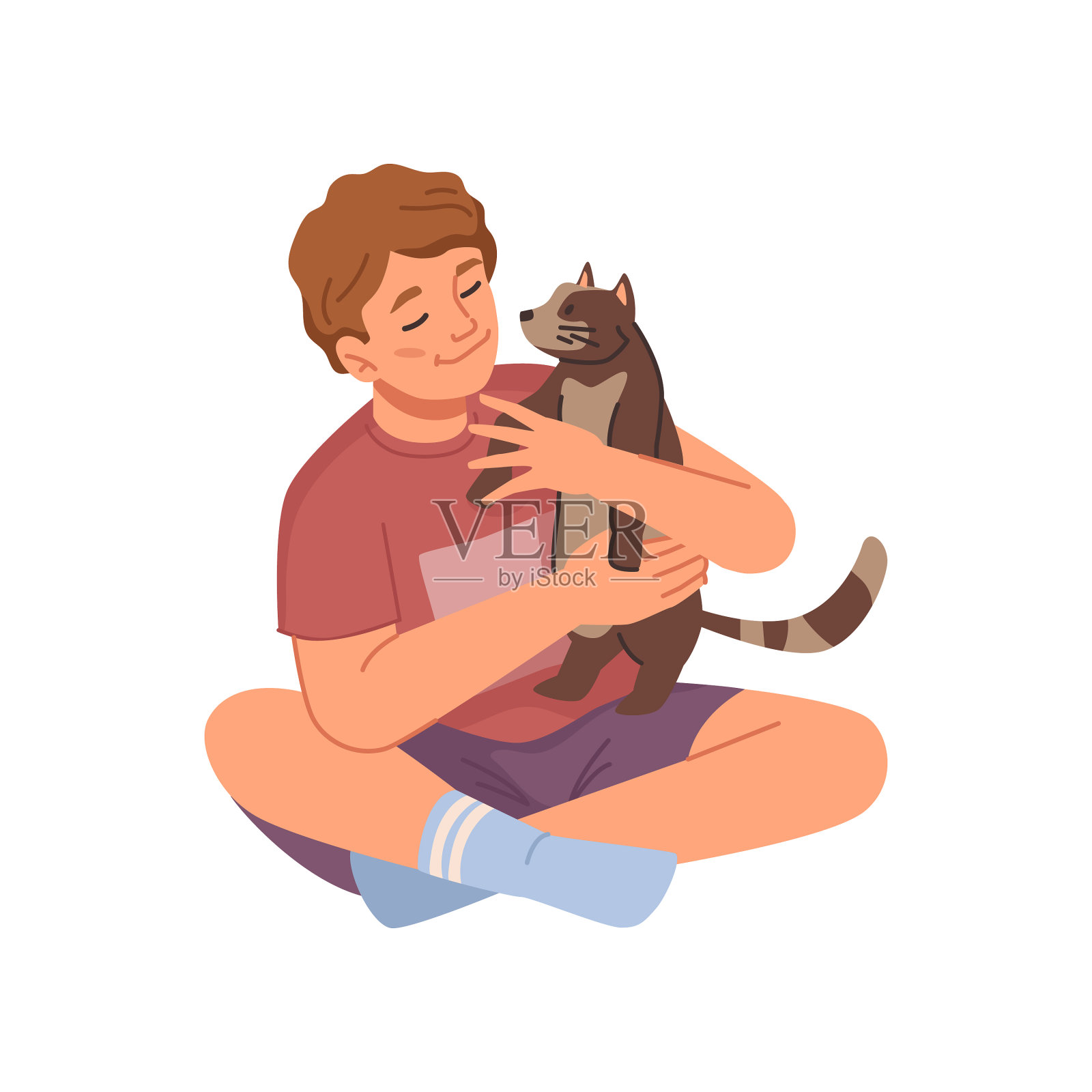 男孩抱着猫孩子,凯蒂在照顾宠物设计元素图片