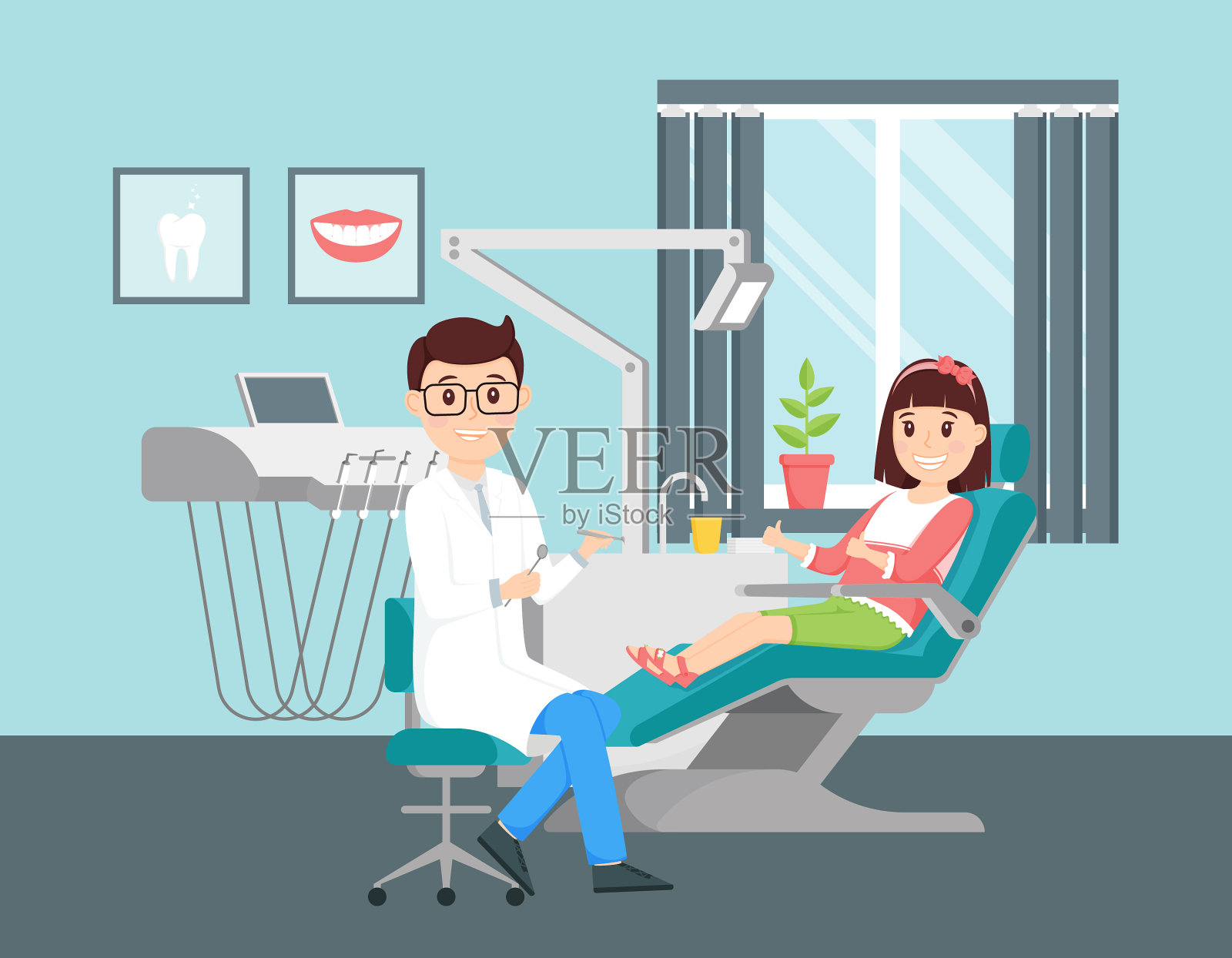 一个女孩坐在椅子上看牙医插画图片素材