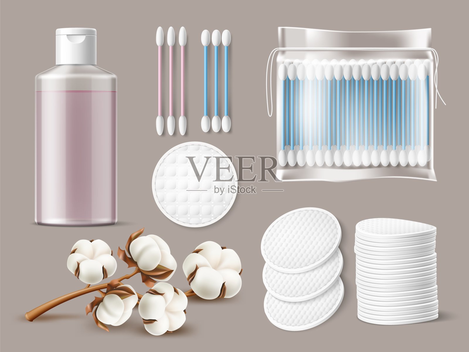 逼真的棉毛制品。清洁洗液瓶,化妆品软光盘和垫,耳拭子包装,棉枝,卫生产品,美容和皮肤护理3d元素,完全矢量集插画图片素材