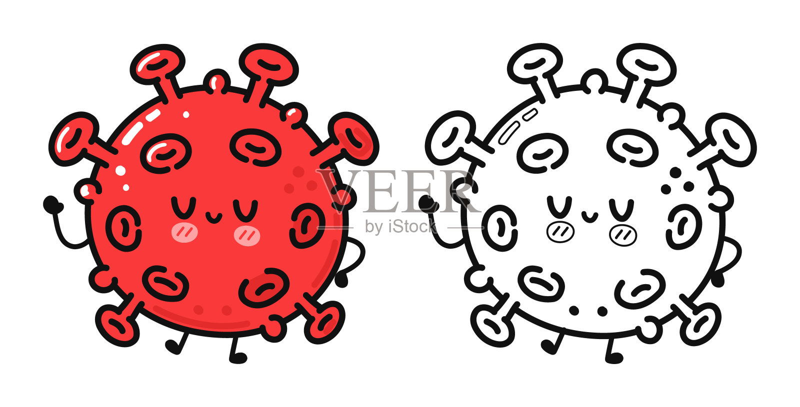 有趣可爱快乐的病毒人物捆绑集。矢量手绘卡通卡哇伊人物插图图标。孤立在白色背景。可爱的病毒。涂色书的卡通插图大纲插画图片素材