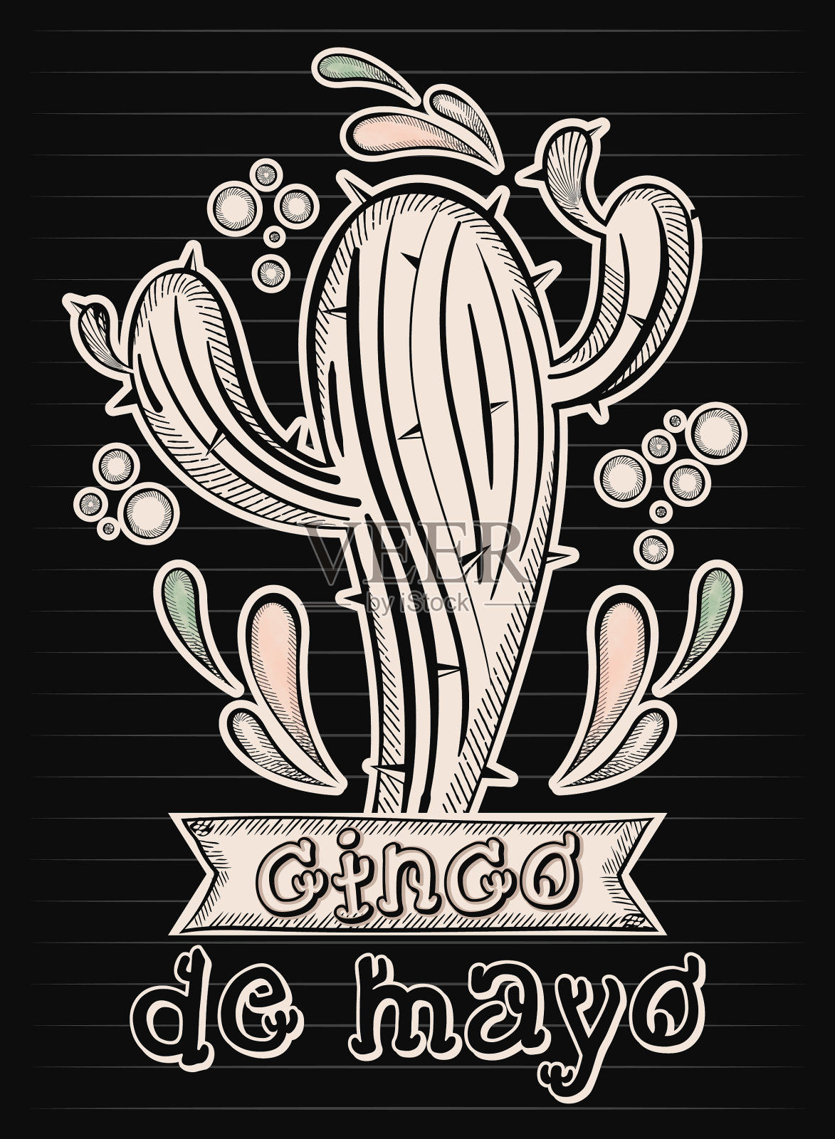 五月五日节装饰仙人掌的素描插画图片素材