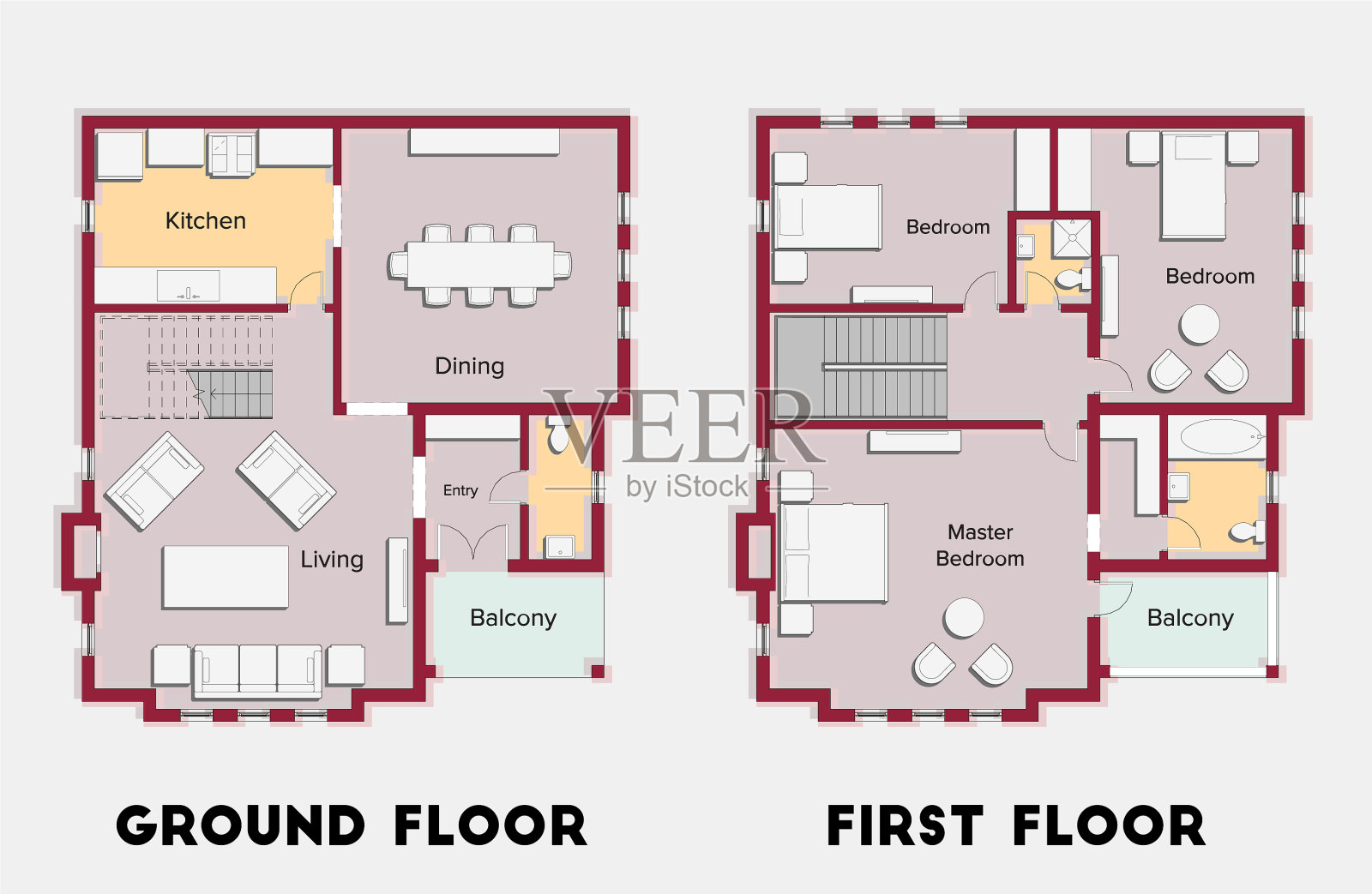 两层住宅的建筑色彩平面图插画图片素材