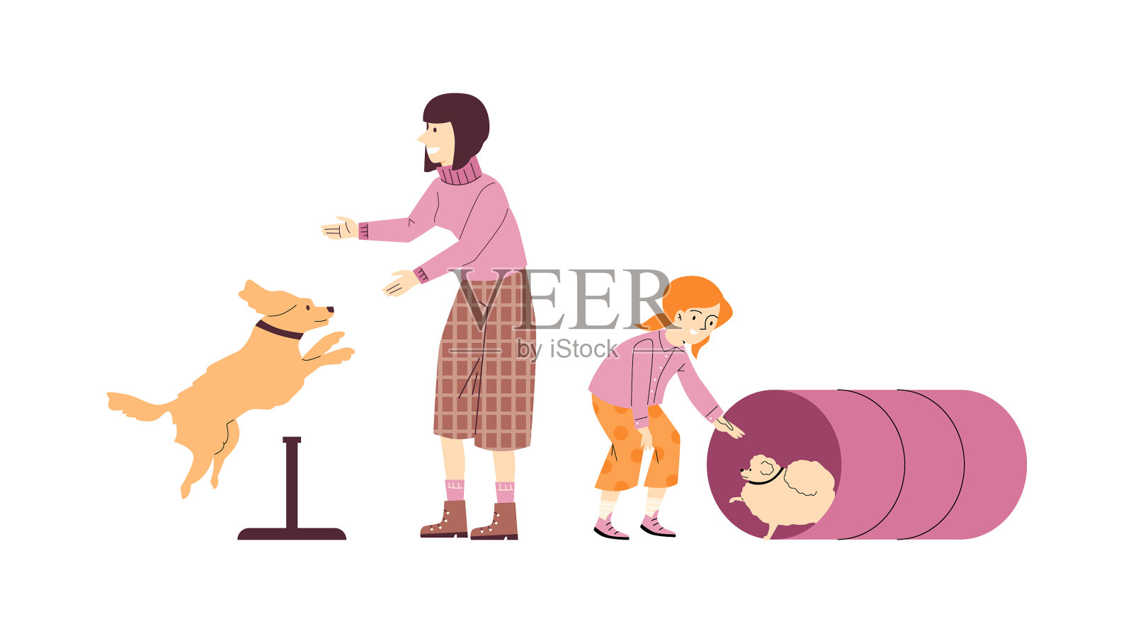 人们教他们的狗做命令扁平的风格插画图片素材