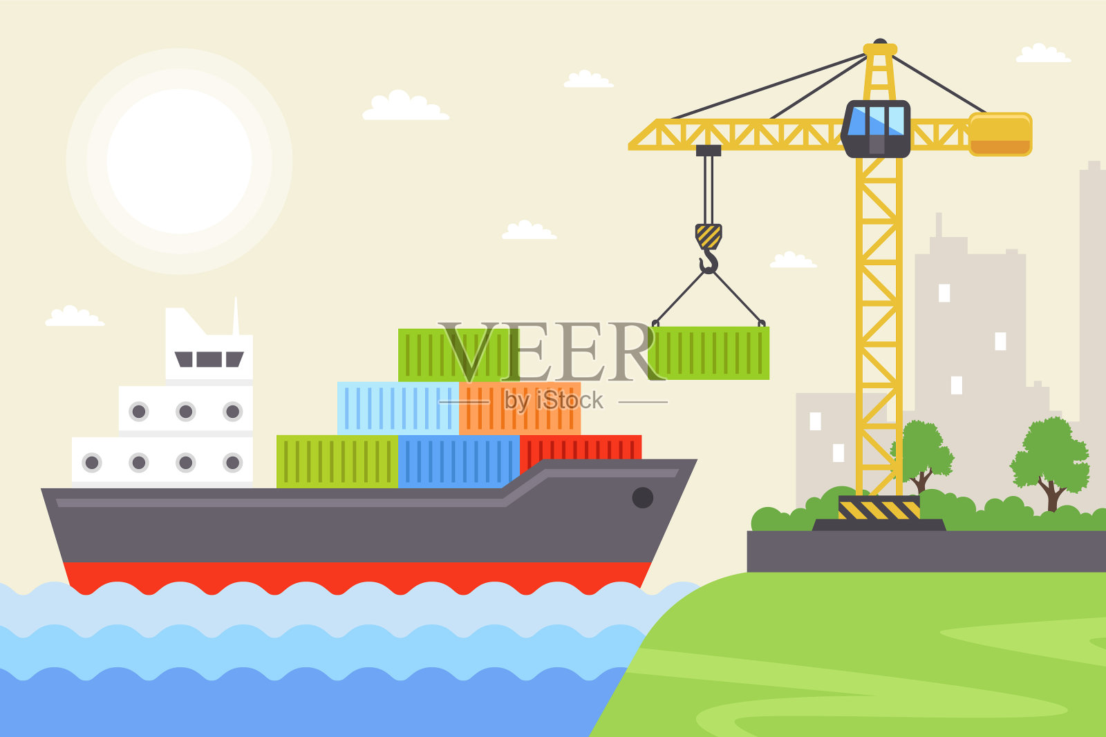 靠近海岸的干货船装载着插画图片素材