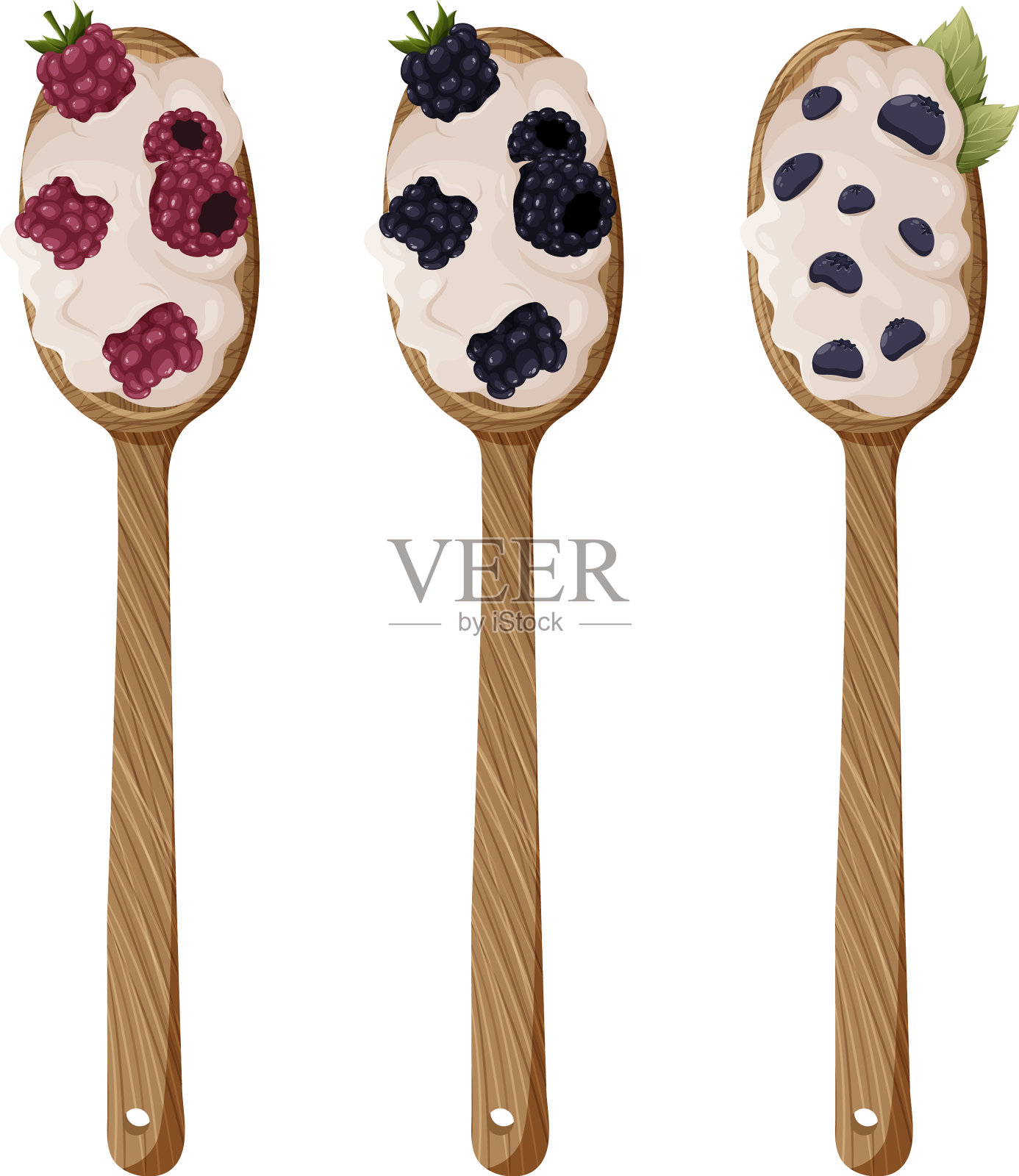 一套在木勺里的浆果蓝莓插画图片素材
