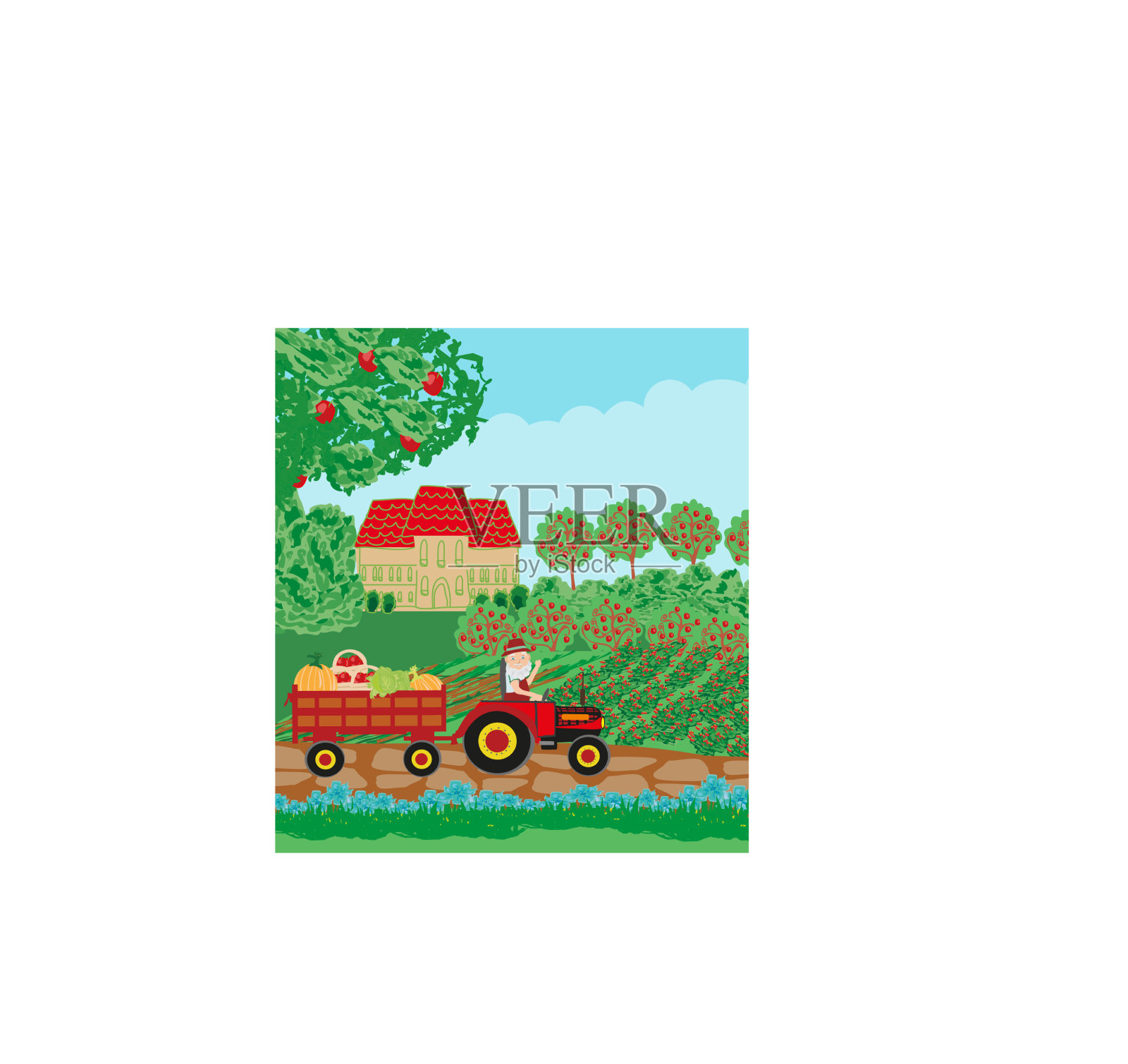 农民骑着拖拉机在田里种庄稼插画图片素材