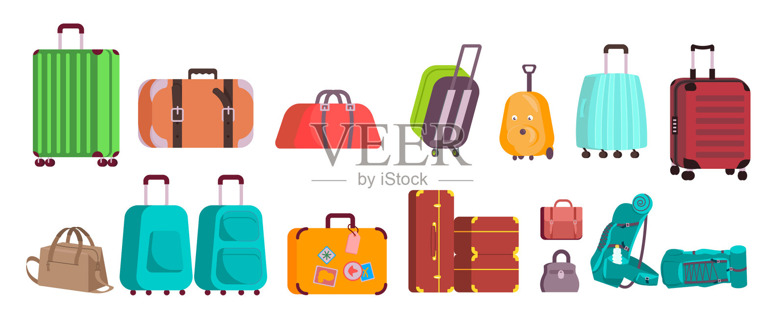一套各种彩色行李插画图片素材