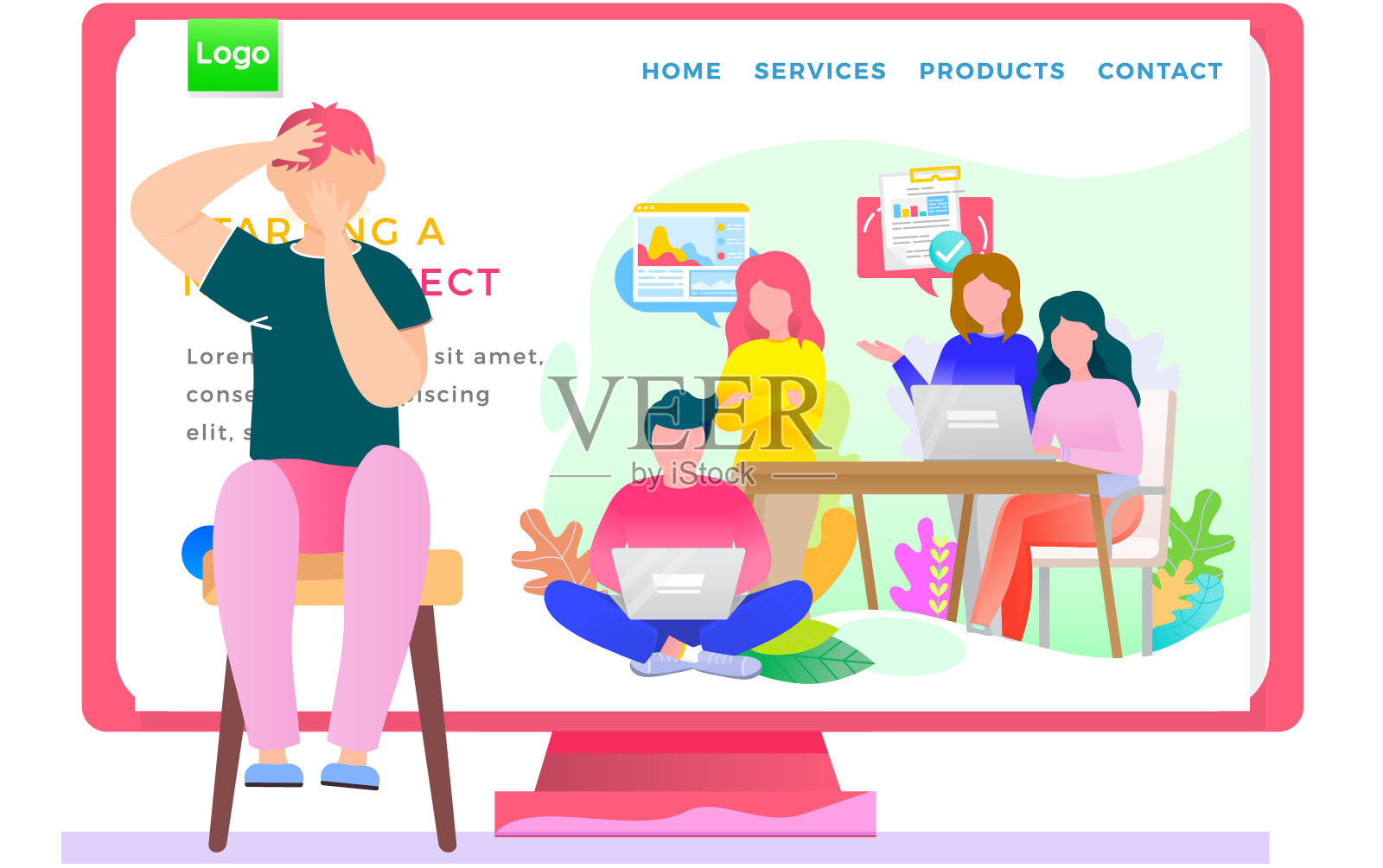 少年男孩看了一个视频博客,讲述学习是如何成功的关键,登陆页面模板插画图片素材