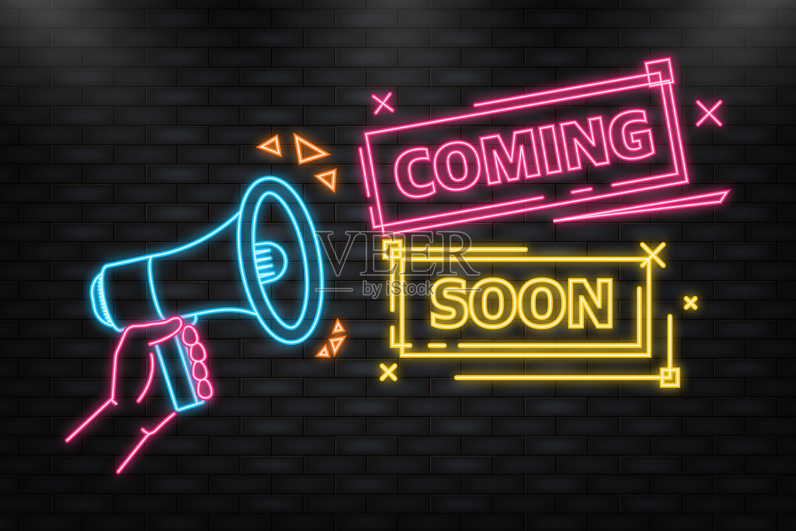 霓虹灯图标很快就来了,扩音器黄横幅进来了插画图片素材