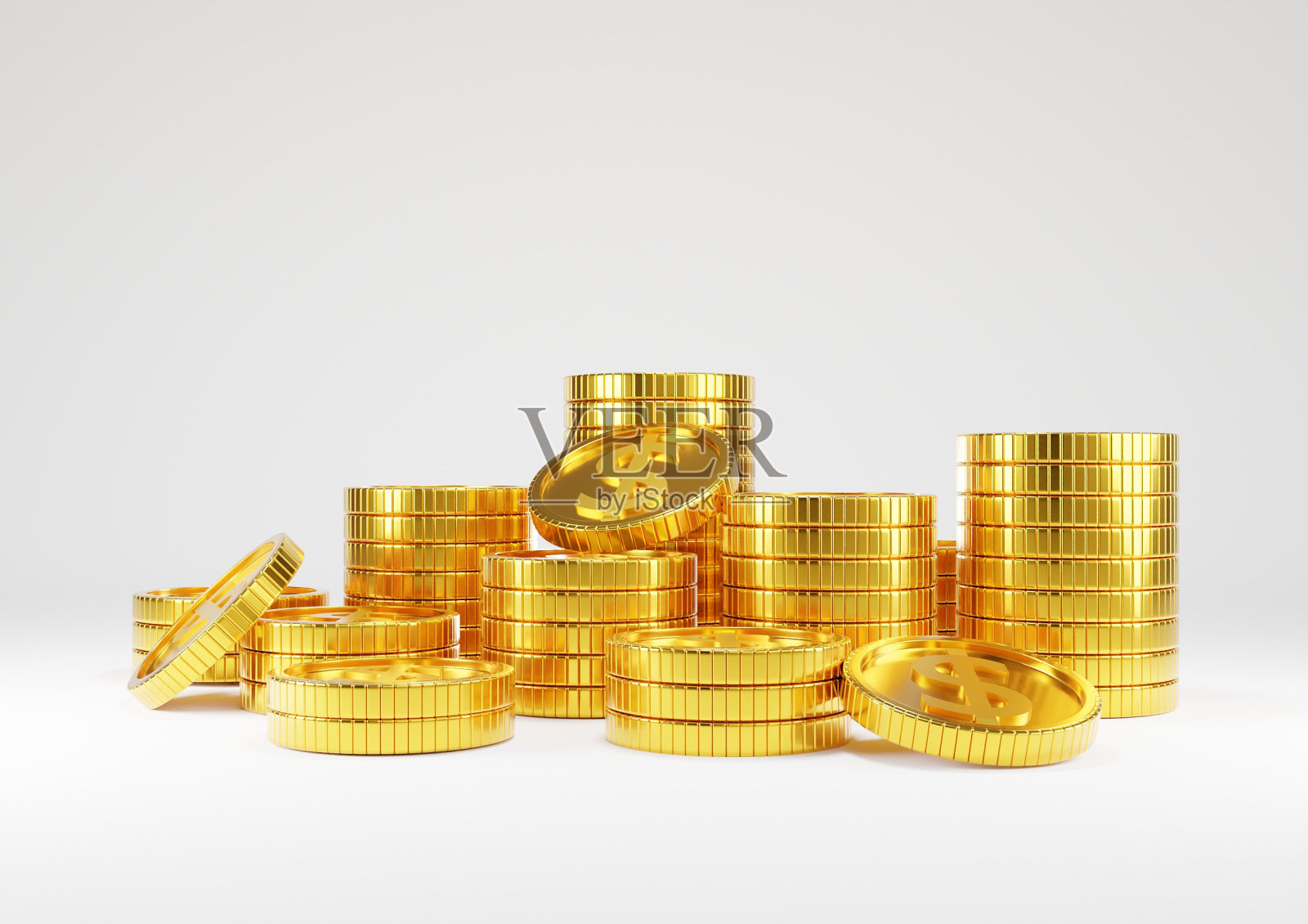 白底金币堆叠,赚取利润概念。金币或商业货币3 d渲染。照片摄影图片