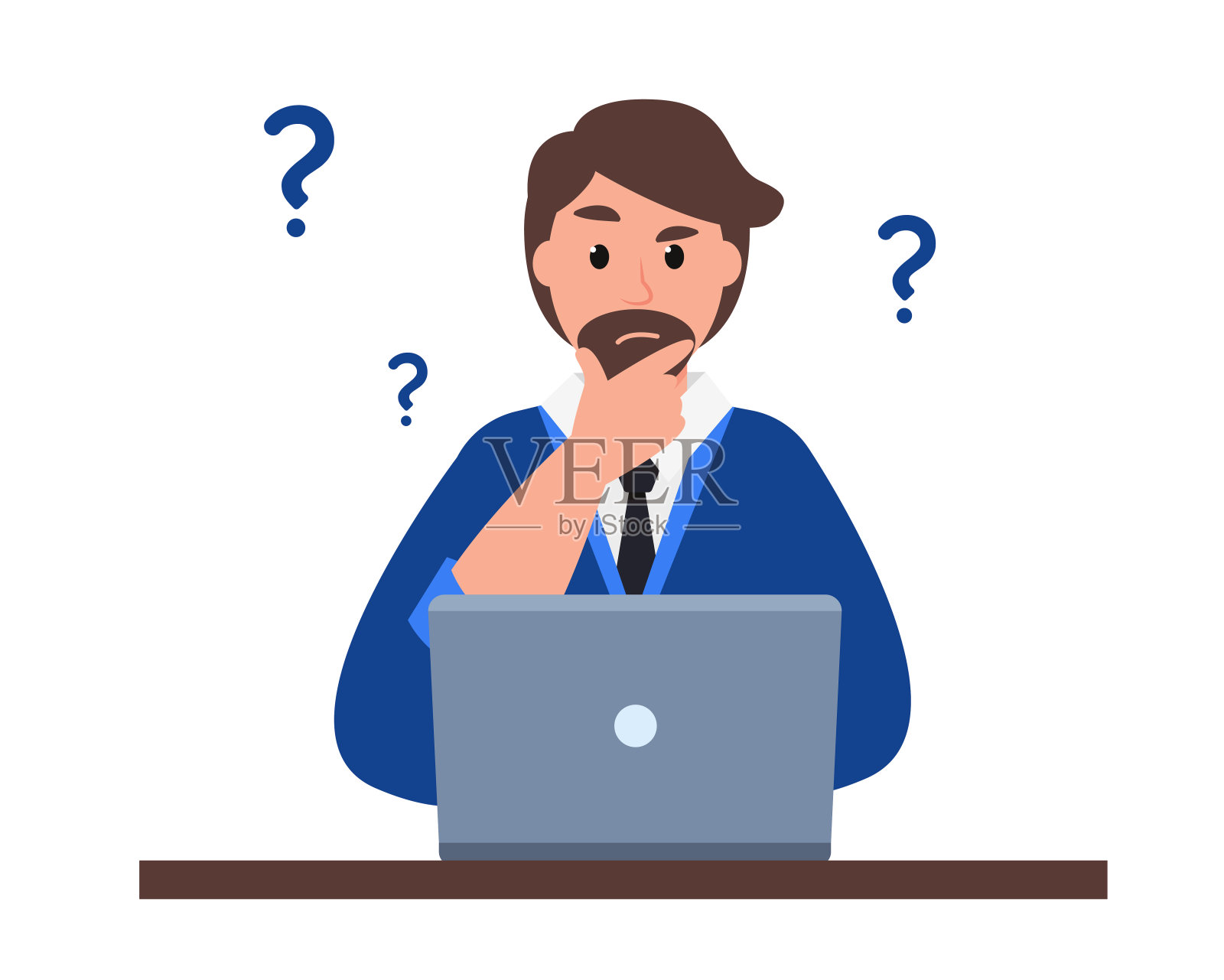 年轻人一边用笔记本电脑工作一边思考。深思熟虑的商人。头脑风暴新想法。插画图片素材