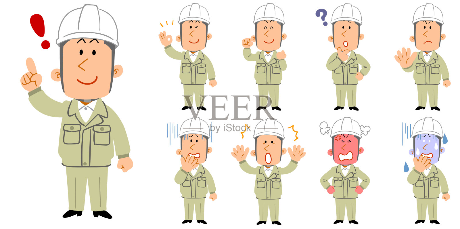 一个年轻人穿着工作服,戴着头盔,整个身体都有不同的面部表情和姿势插画图片素材
