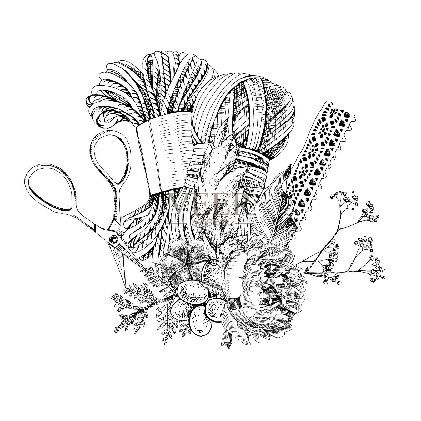 缝纫包与波西米亚组成干花设计元素图片