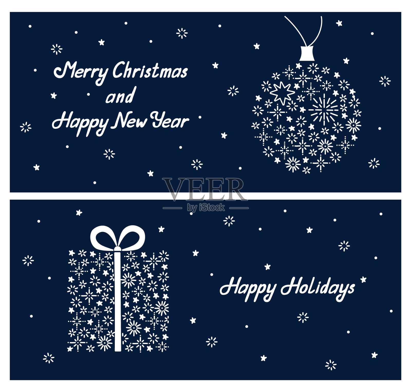 新年贺卡与圣诞礼物和球的轮廓。雪花和星星形状手绘涂鸦背景插画图片素材