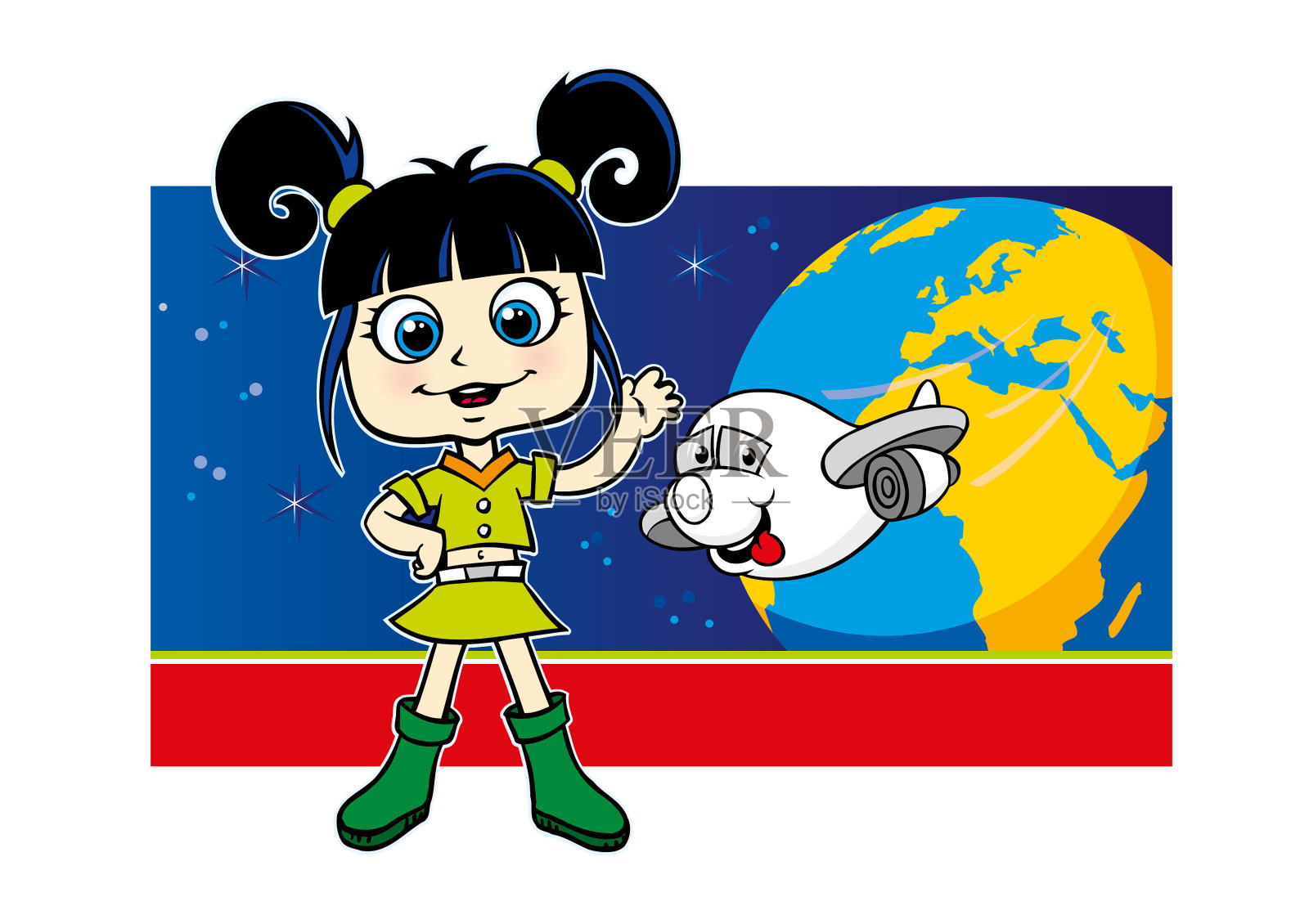 快乐女孩挥手,呈现环游世界插画图片素材