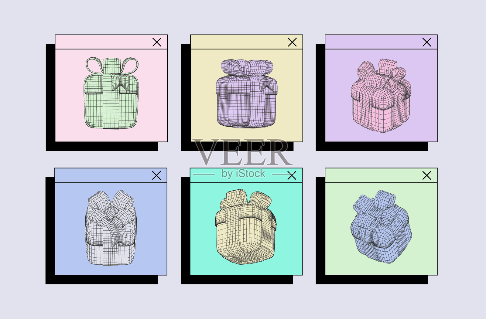 一套3d线框礼盒在复古窗口屏幕矢量孤立图标。旧pc操作系统风格的复古惊喜盒子收集上的光背景。插画图片素材