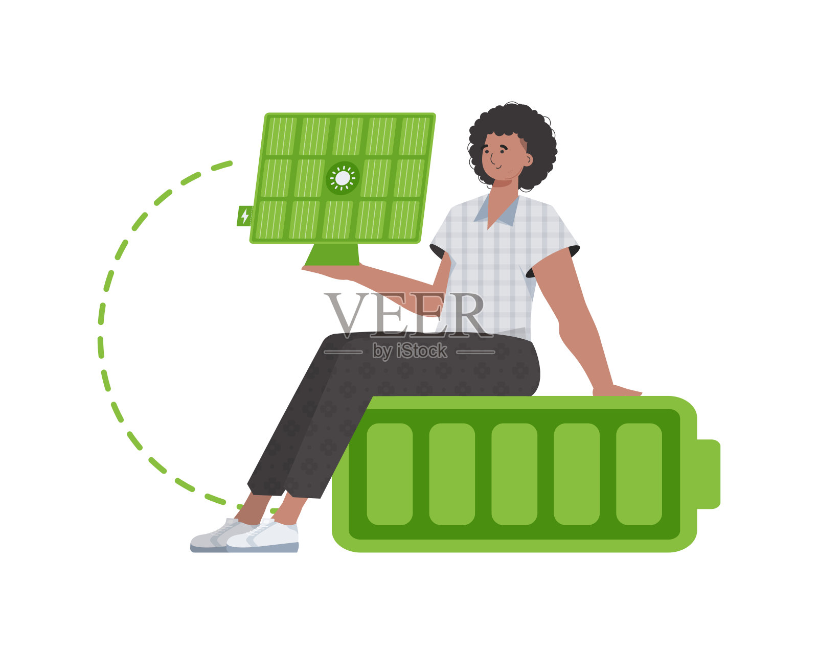 一个男人坐在电池上,手里拿着一块太阳能电池板。绿色能源的概念。孤立。矢量插图。插画图片素材