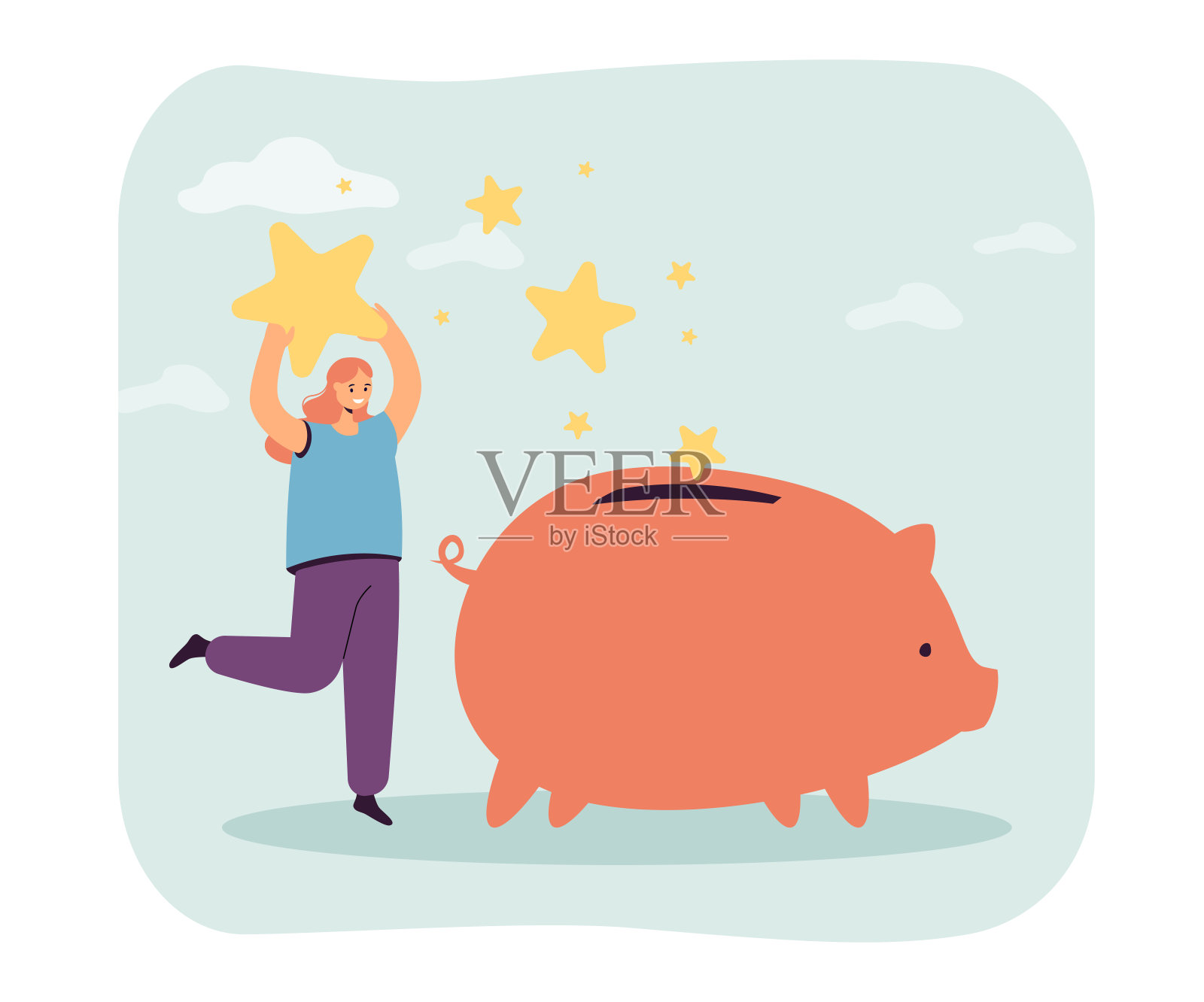 快乐的小女人把星星放进大储蓄罐插画图片素材