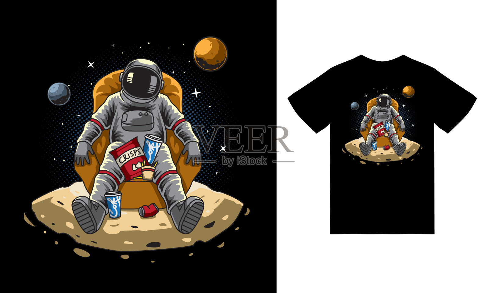 宇航员坐在月球上的插图与t恤设计溢价矢量设计元素图片