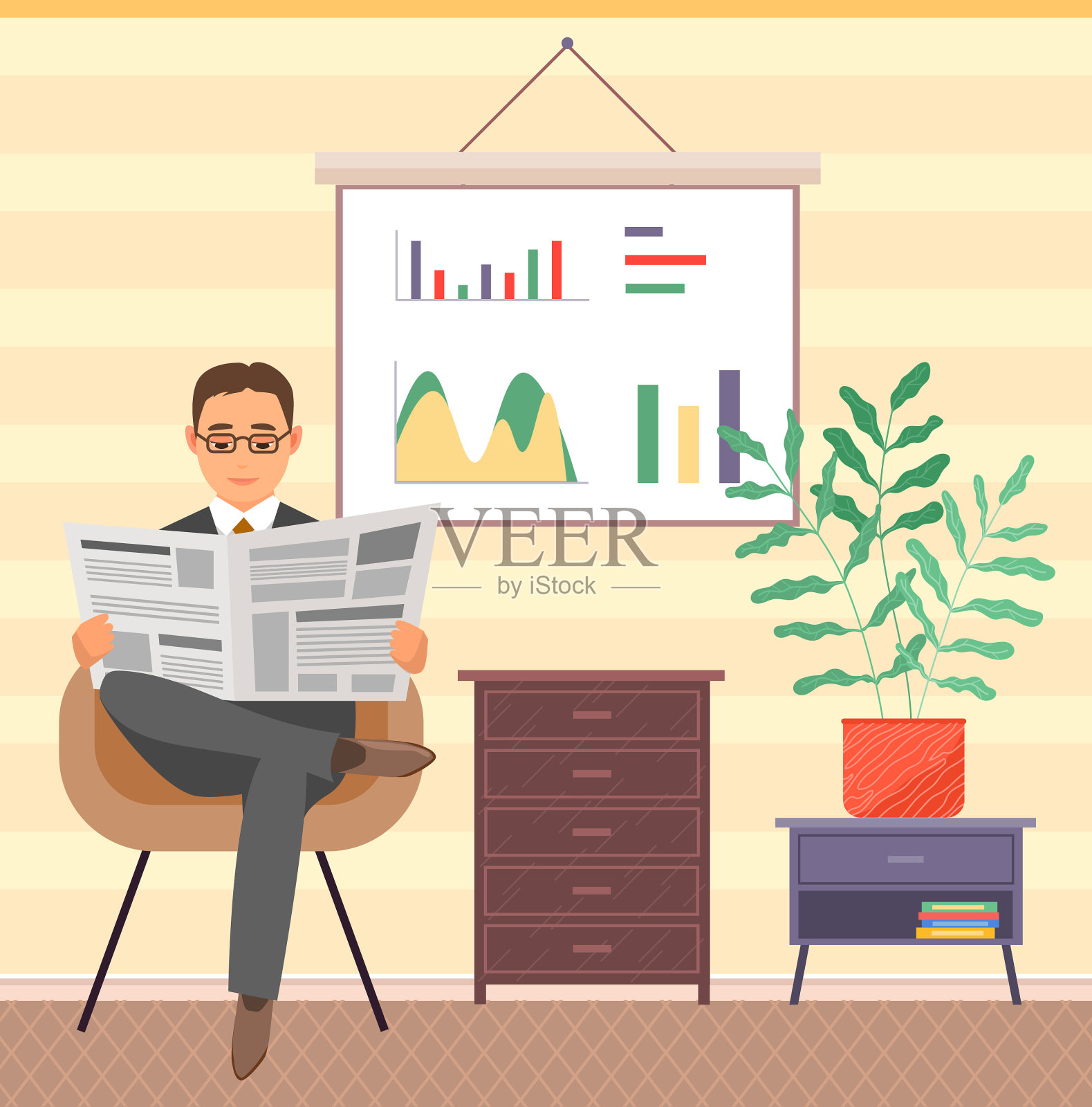 商人坐在扶手椅里,里面是报纸插画图片素材