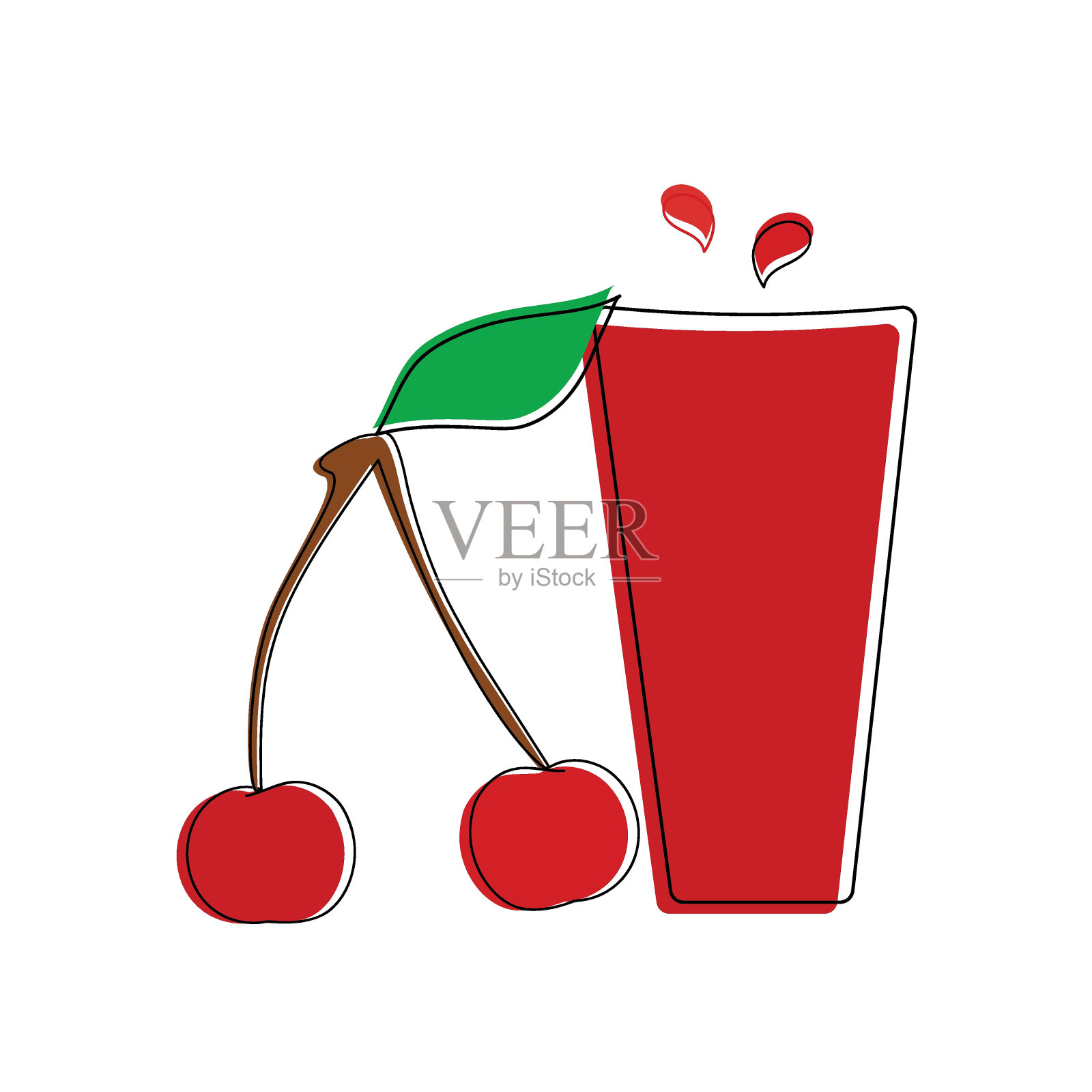 手绘涂鸦矢量插图的玻璃与樱桃汁和浆果的茎与绿叶。夏季水果和浆果插画图片素材