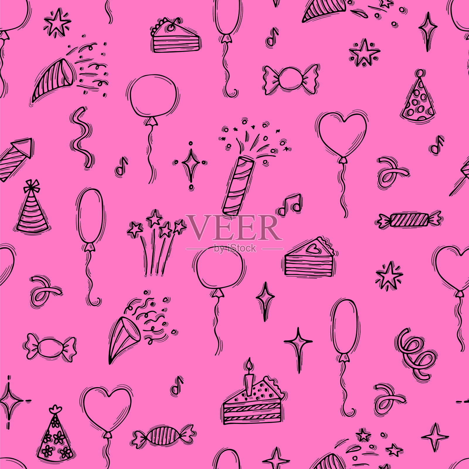 手绘生日无缝图案。生日快乐。可爱的涂鸦派对背景插画图片素材