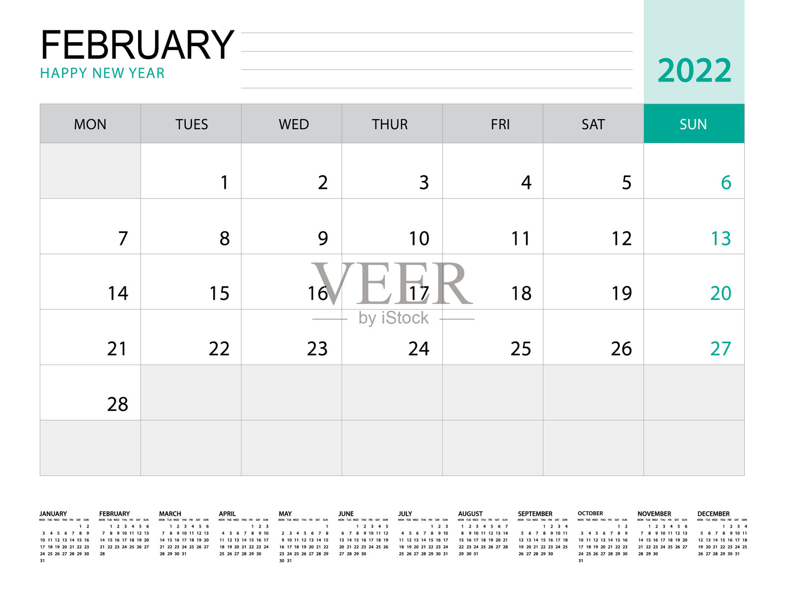 2022年2月-日历2022模板插画图片素材