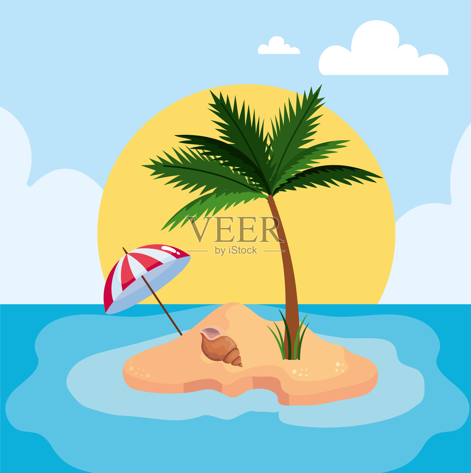 有伞和棕榈树的岛屿插画图片素材