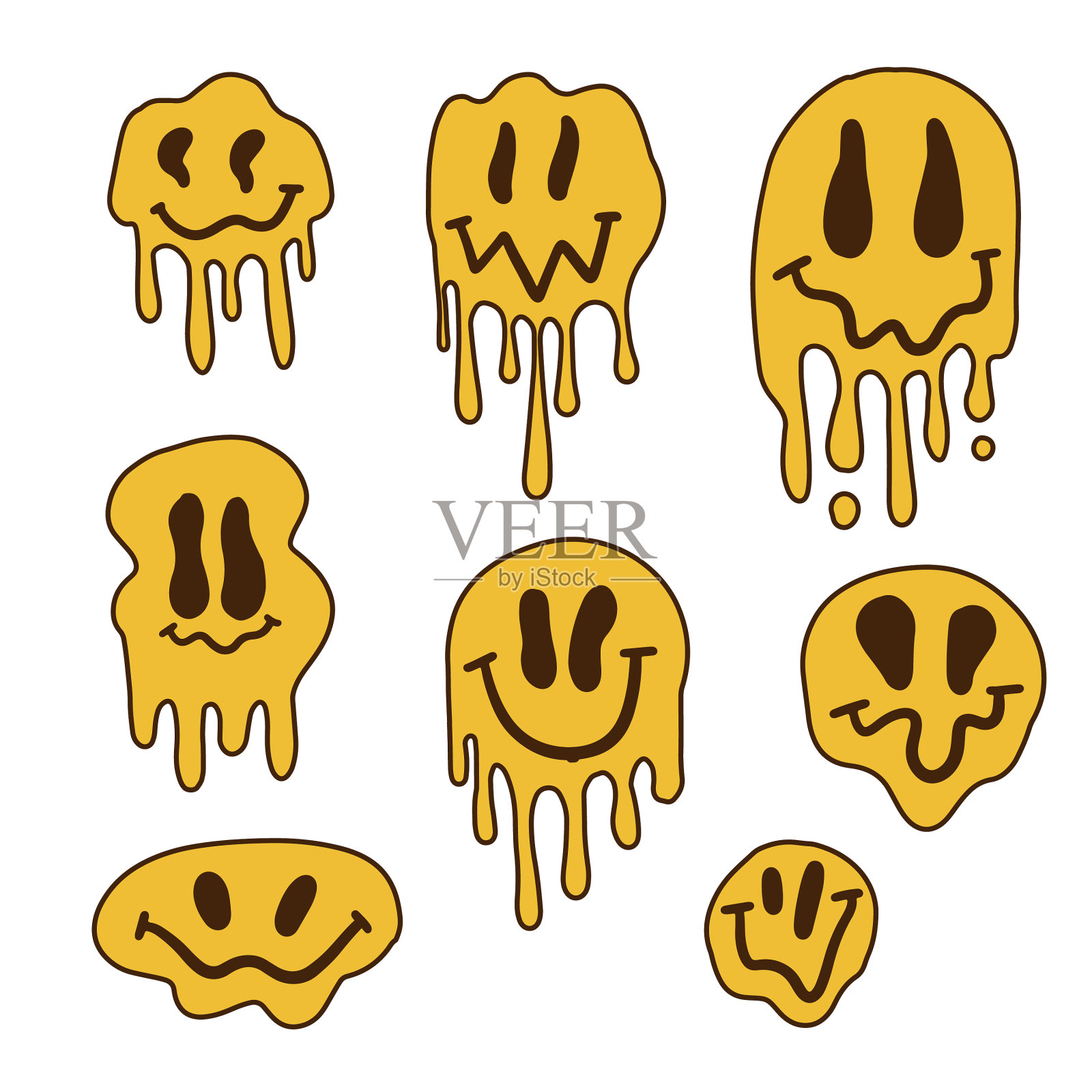 画在70年代融化或滴水的微笑图标素材