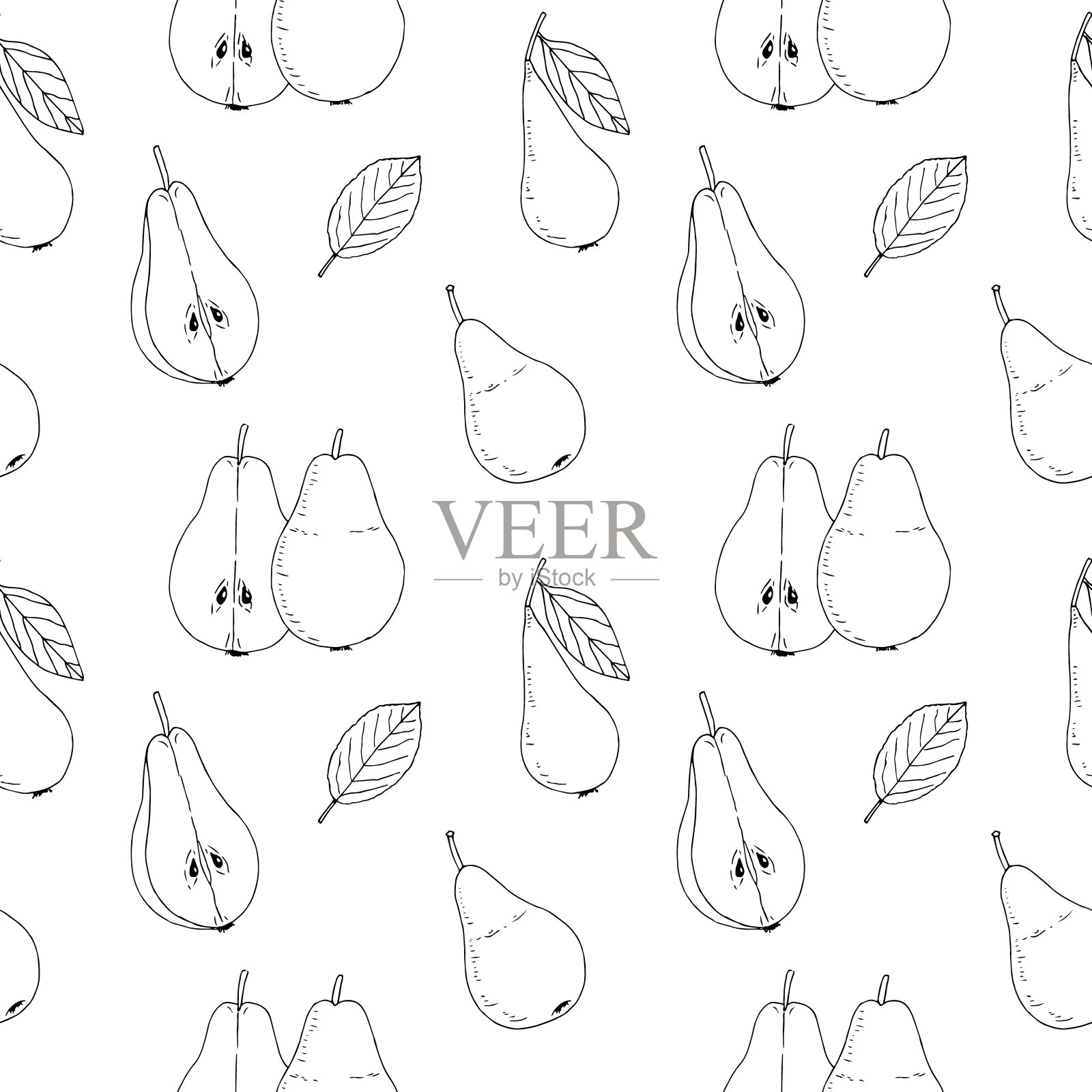梨无缝图案矢量插图,手绘草图插画图片素材
