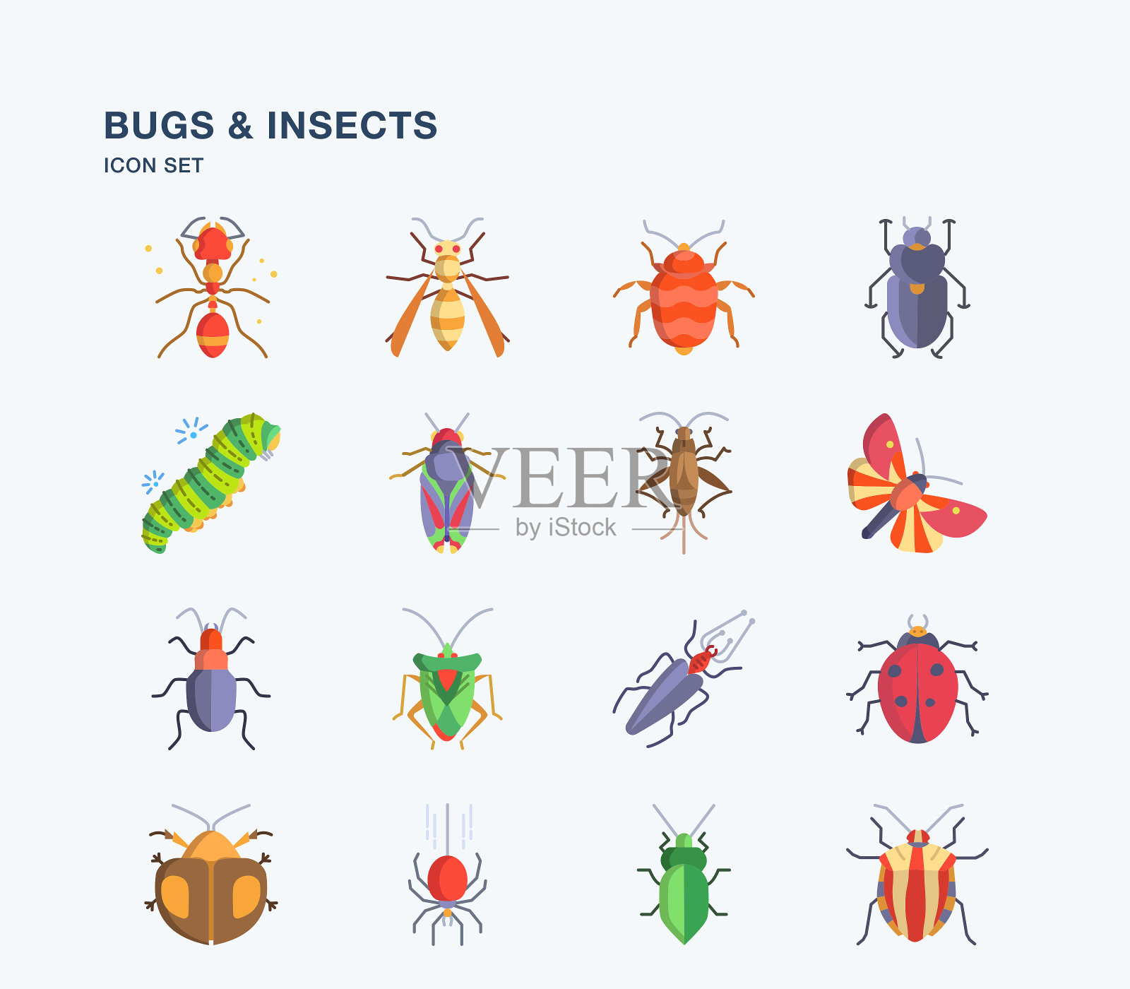 昆虫和昆虫平面图标设置图标素材