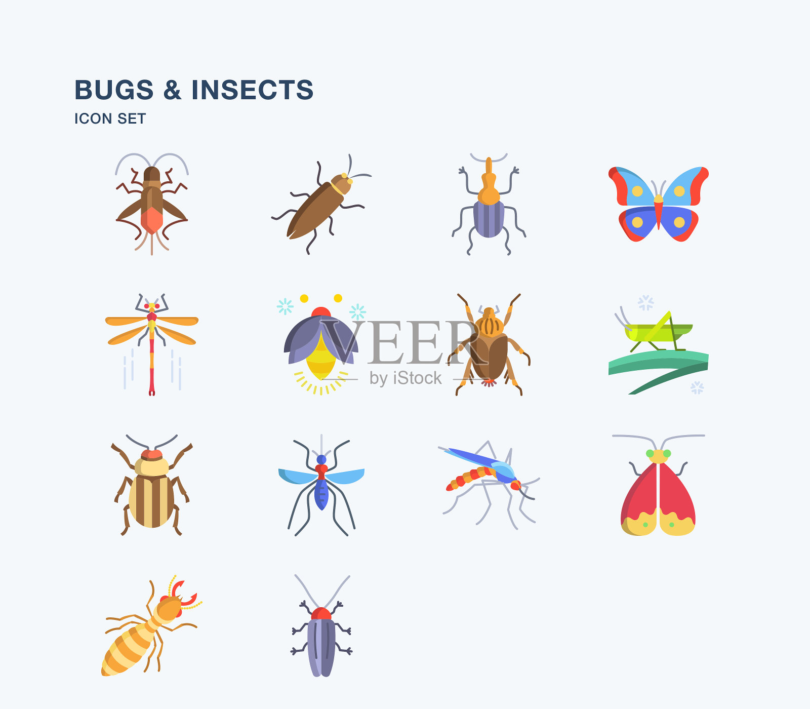 昆虫和昆虫平面图标设置图标素材